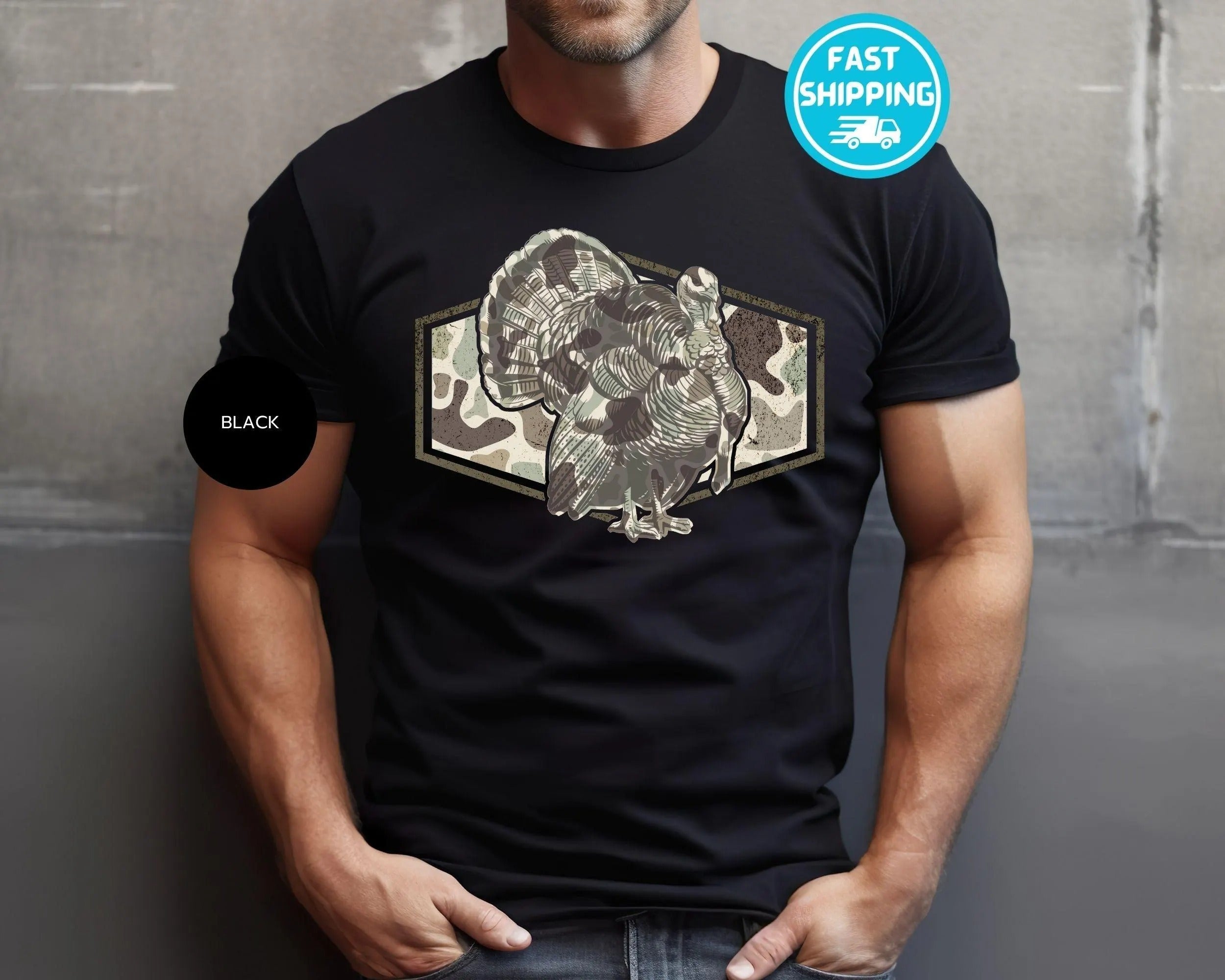 Camo Turkey Hunting Shirt for Men - Full Gobbler Patch Graphic Tee - Funny Gift for Hunters & Outdoorsman Dad
