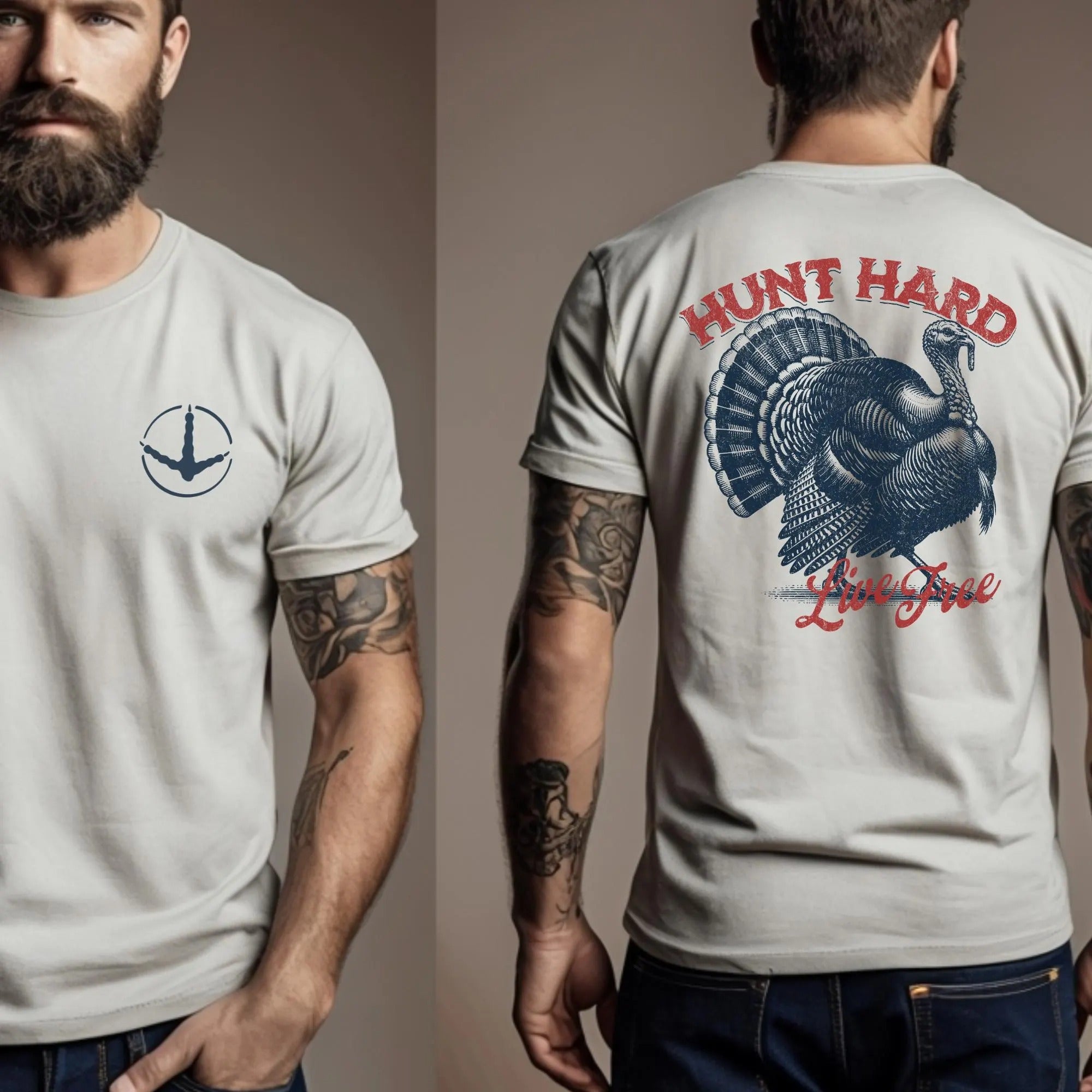 Patriotic Turkey Hunting Shirt for Men - Hunt Hard Live Free Graphic Tee - Gift for Dad Hunters & American Outdoorsmen