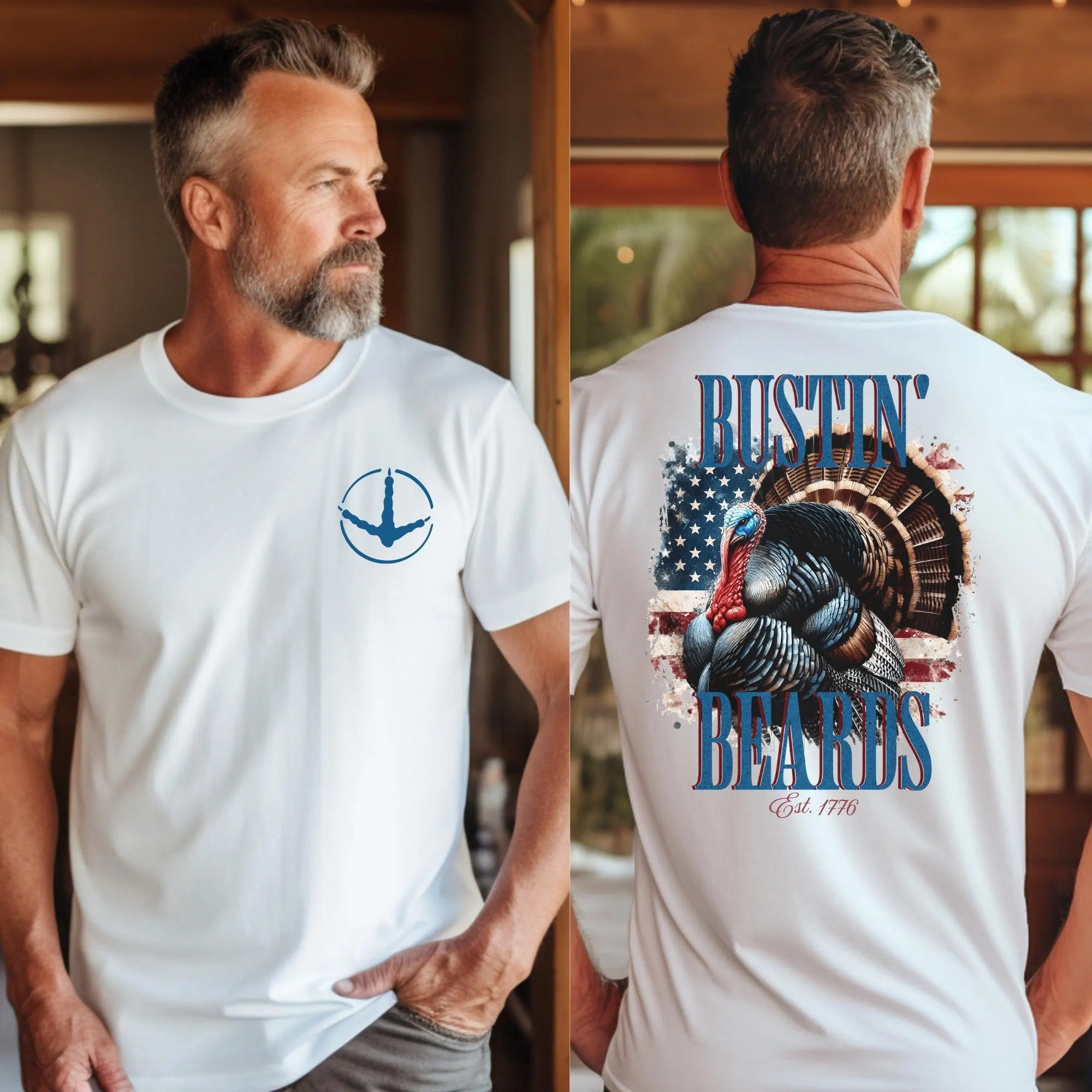 Patriotic Turkey Hunting Shirt for Men - Bustin Beards Since 1776 - American Flag Gobbler Tee for Dad & Hunters