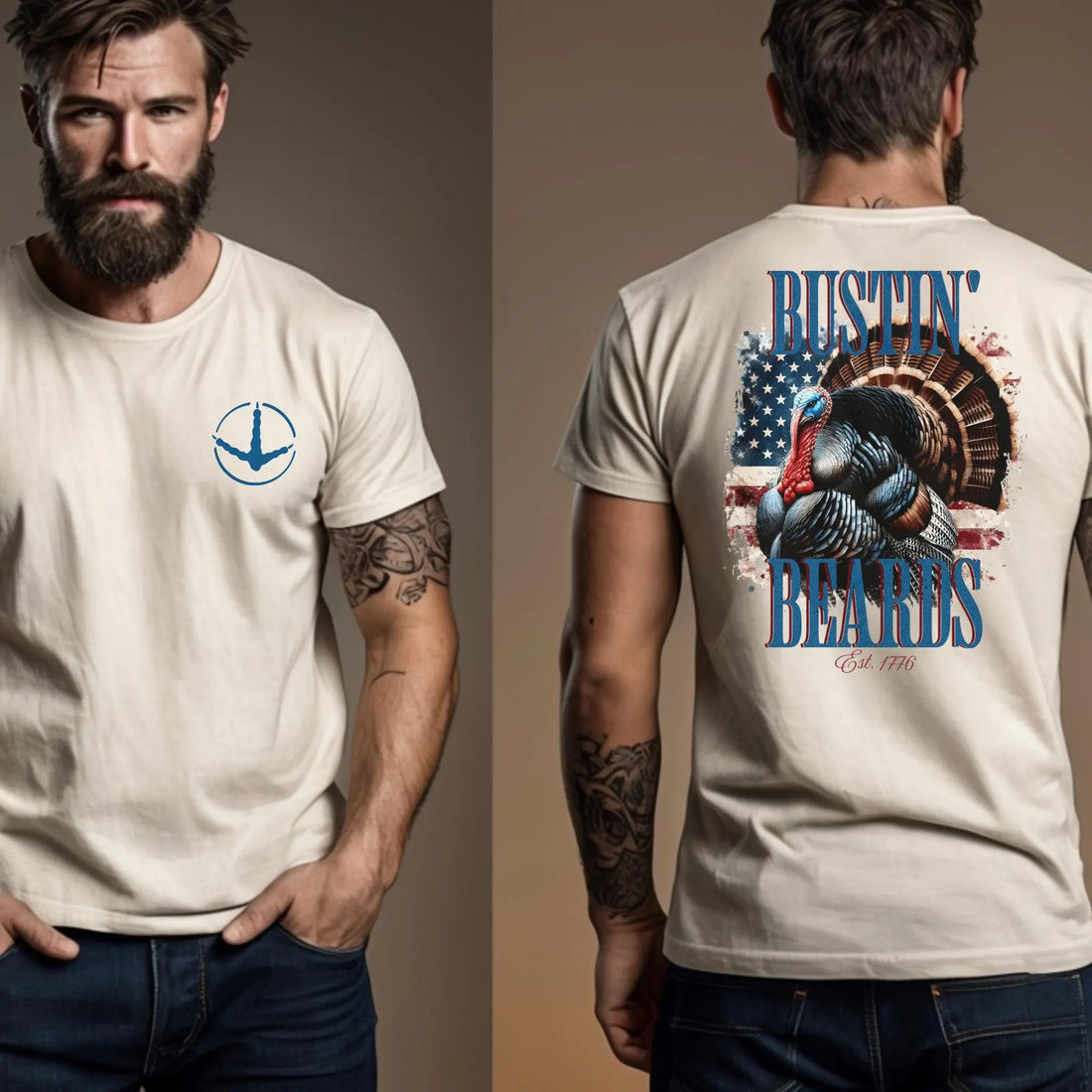 Patriotic Turkey Hunting Shirt for Men - Bustin Beards Since 1776 - American Flag Gobbler Tee for Dad & Hunters