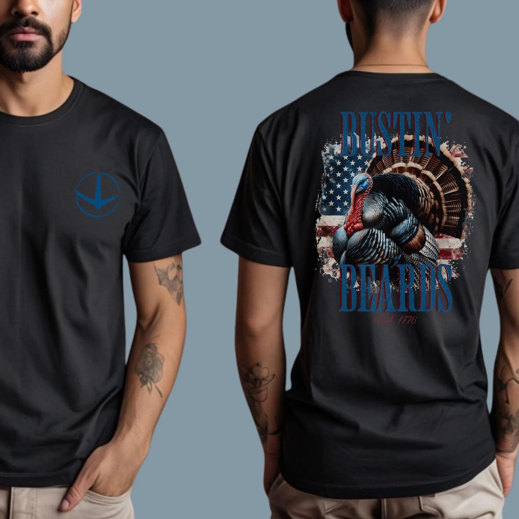 Patriotic Turkey Hunting Shirt for Men - Bustin Beards Since 1776 - American Flag Gobbler Tee for Dad & Hunters