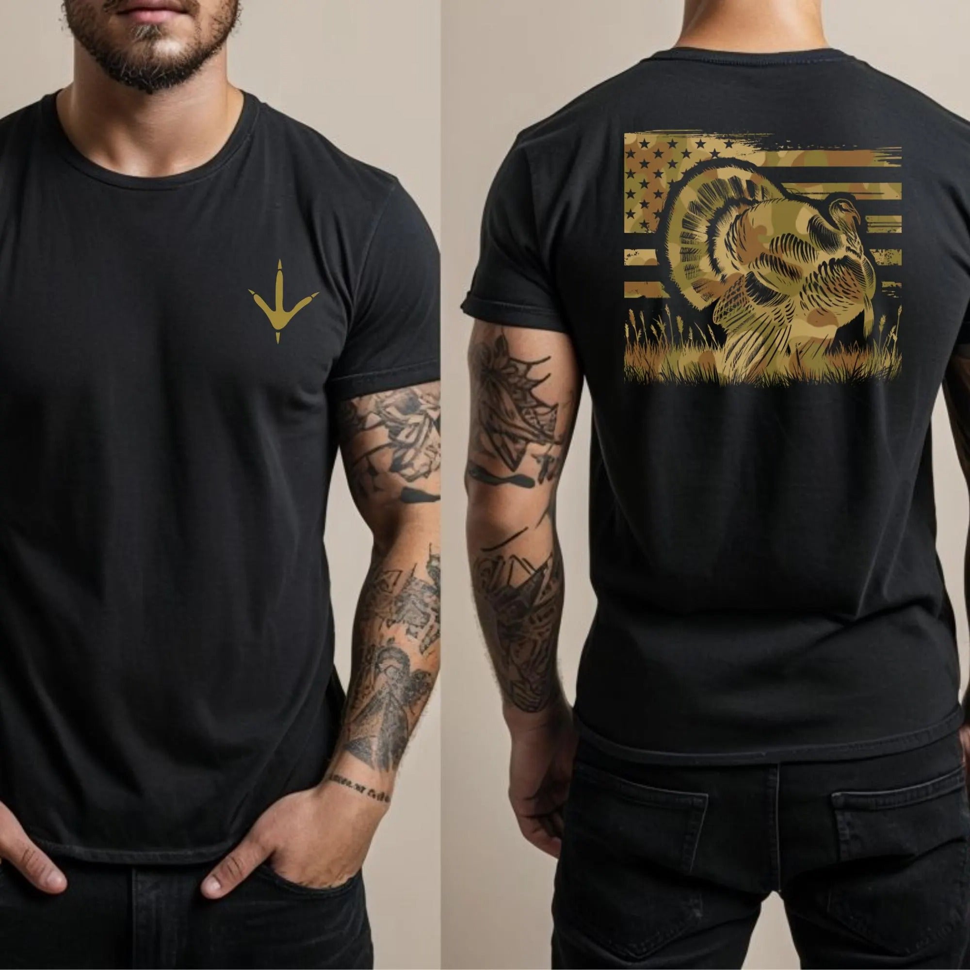 American Flag Turkey Hunting T-Shirt for Men - Camo Gobbler Patriotic Tee - Gift for Dad Hunters & Outdoor Veterans