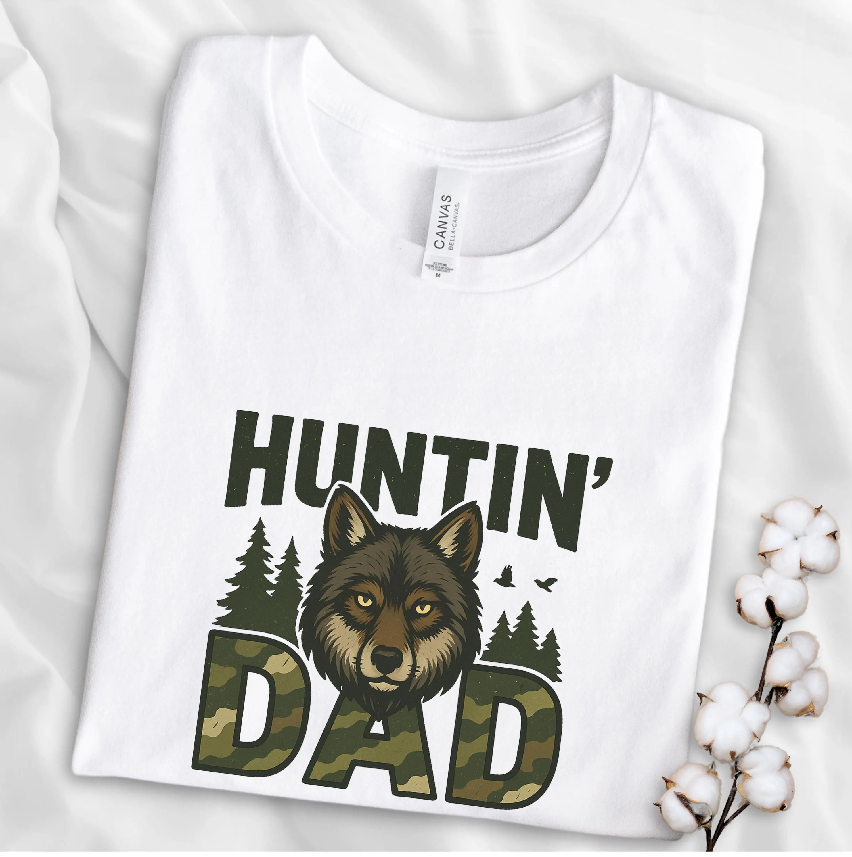 Wolf Graphic Tee with Forest & Camouflage Lettering – Funny Gift for Hunting Dad, Outdoorsman, Country Father, Papa