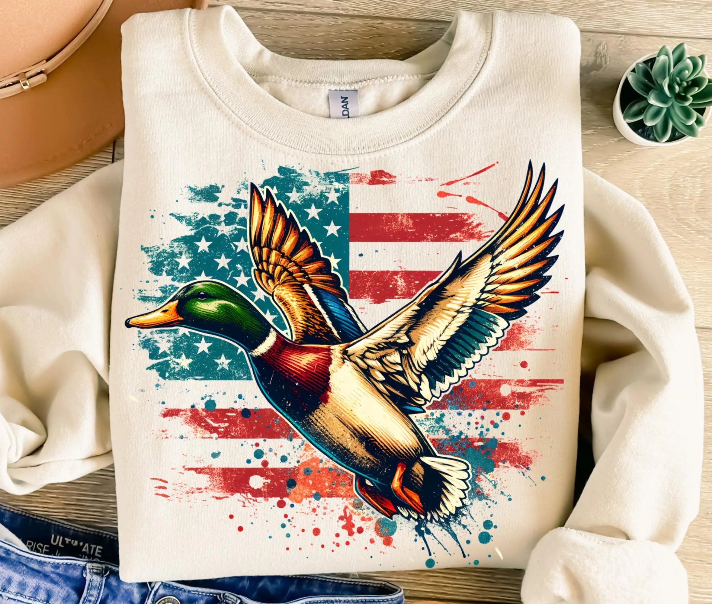 Mallard Duck American Flag T-Shirt - Shot Caller Duck Sweatshirt – Funny Duck Hunting for Men – Mallard Graphic Gift for Hunters and Outdoorsmen
