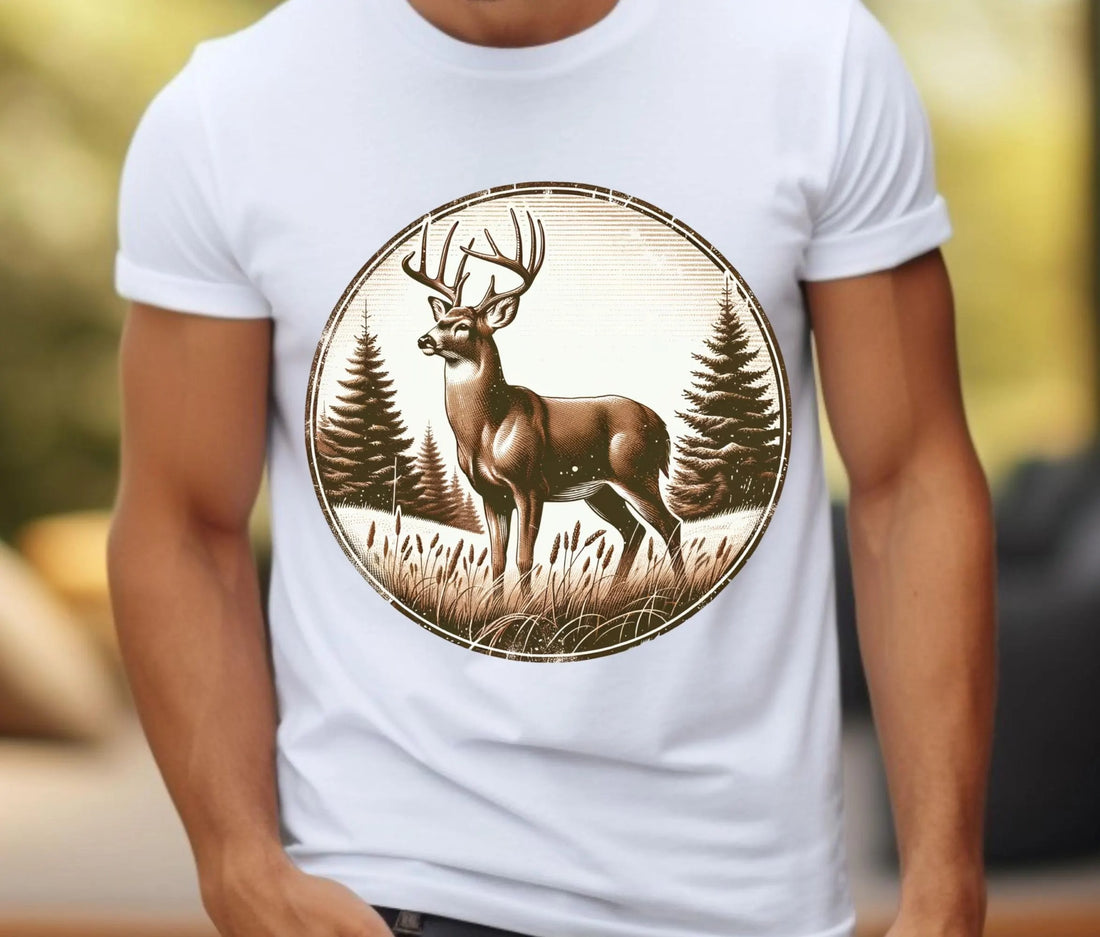 Deer Hunting T-Shirt - Vintage Buck in Forest Scene Shirt -Rustic Outdoorsman Gift for Men