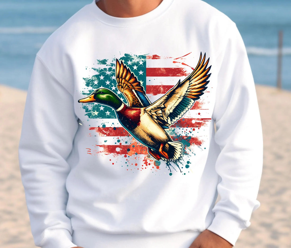 Mallard Duck American Flag T-Shirt - Shot Caller Duck Sweatshirt – Funny Duck Hunting for Men – Mallard Graphic Gift for Hunters and Outdoorsmen