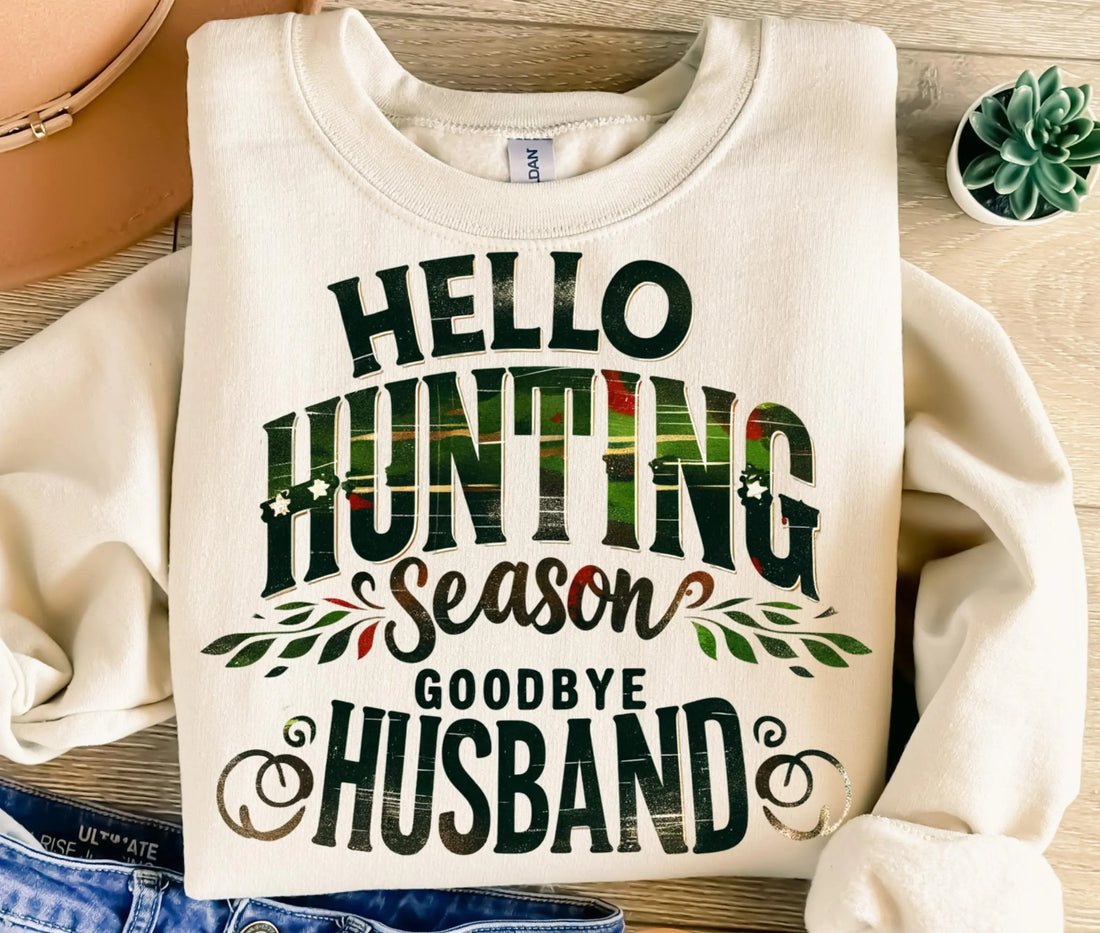 Hello Hunting Season Goodbye Husband Camouflage T-Shirt, Shirt for Women - Funny Deer Hunting Gift Idea