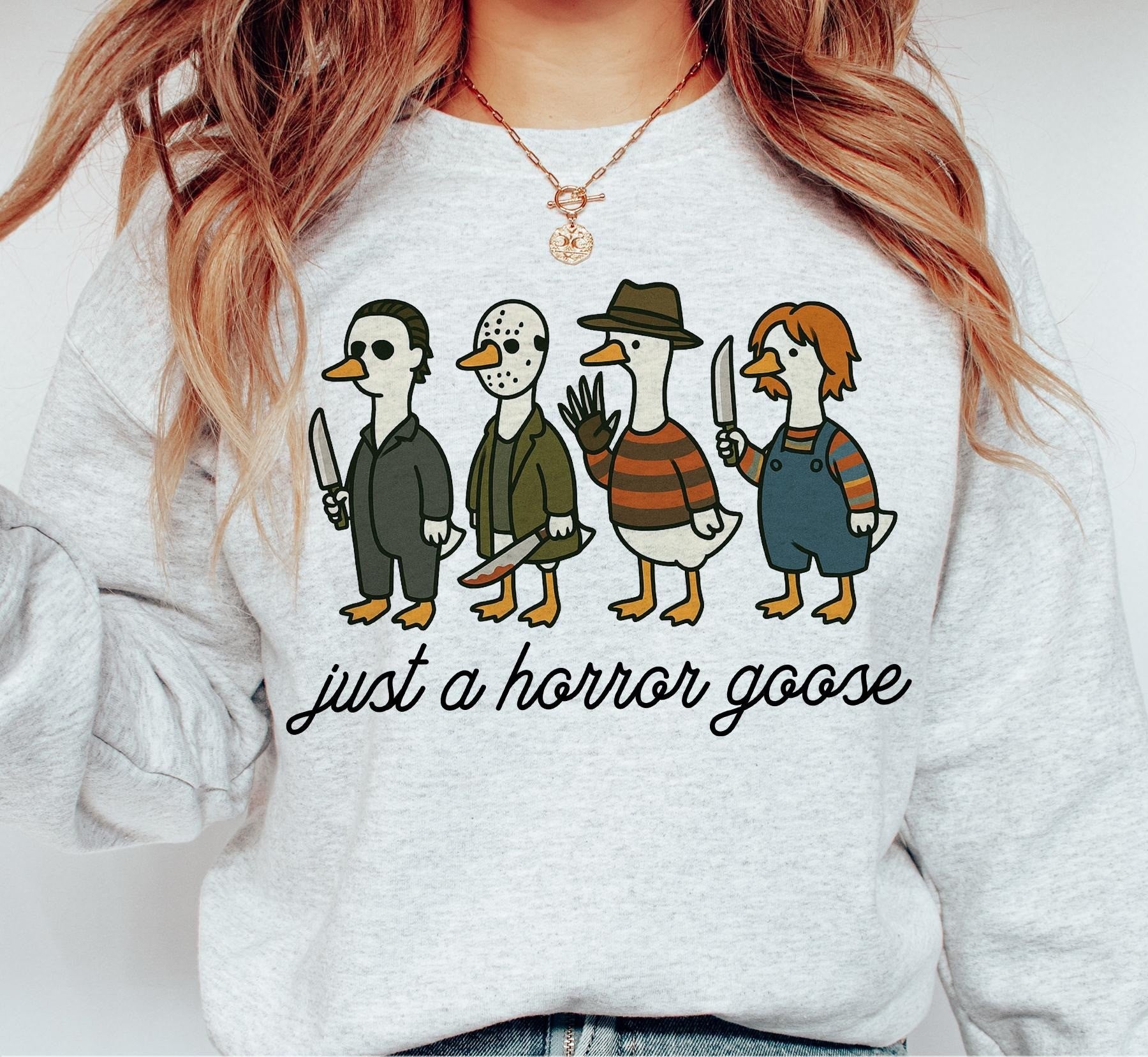 Just a Horror Goose T-Shirt, Funny Horror Goose Halloween Sweatshirt, Cute Scary Goose Silly Shirt