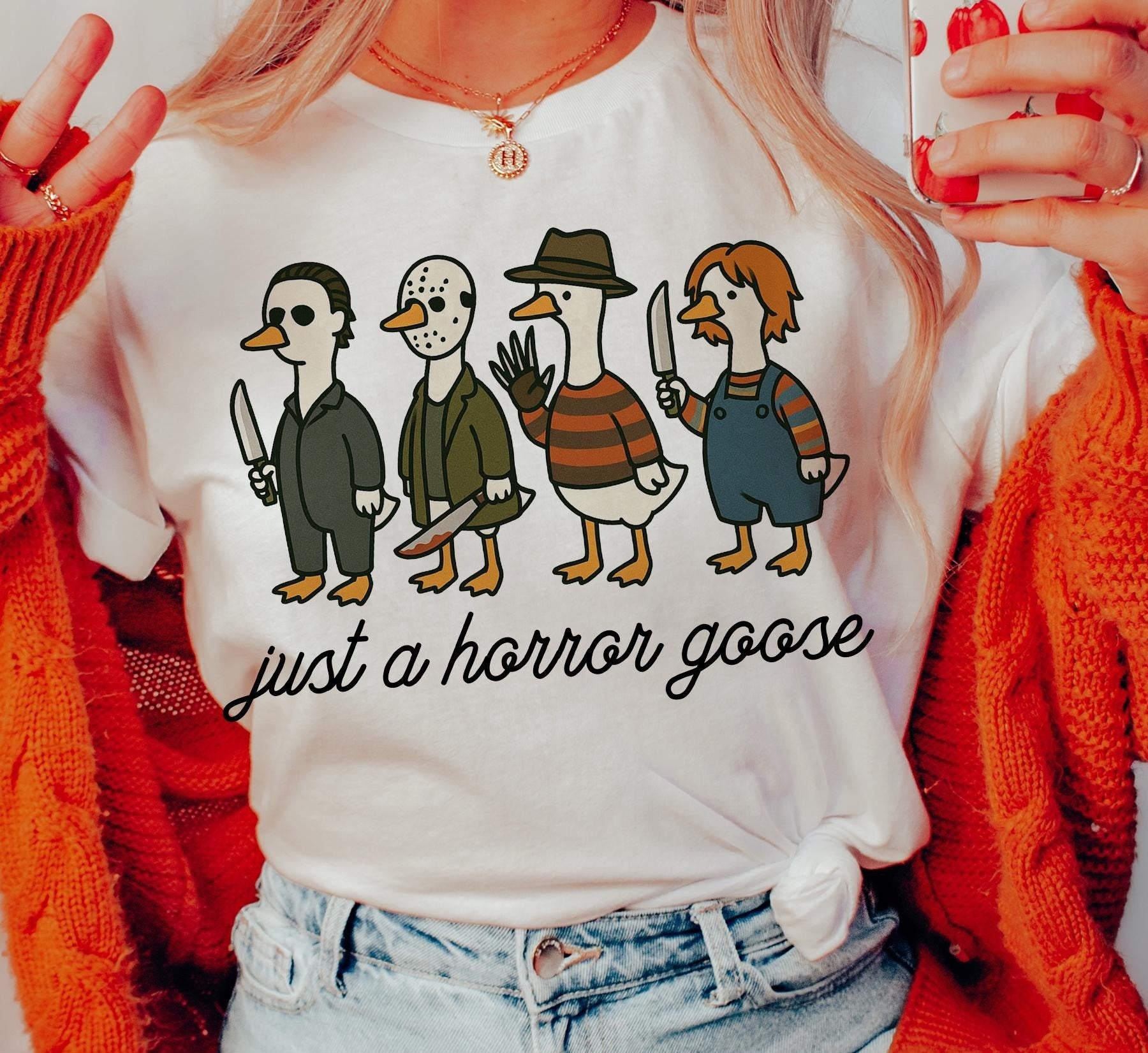 Just a Horror Goose T-Shirt, Funny Horror Goose Halloween Sweatshirt, Cute Scary Goose Silly Shirt