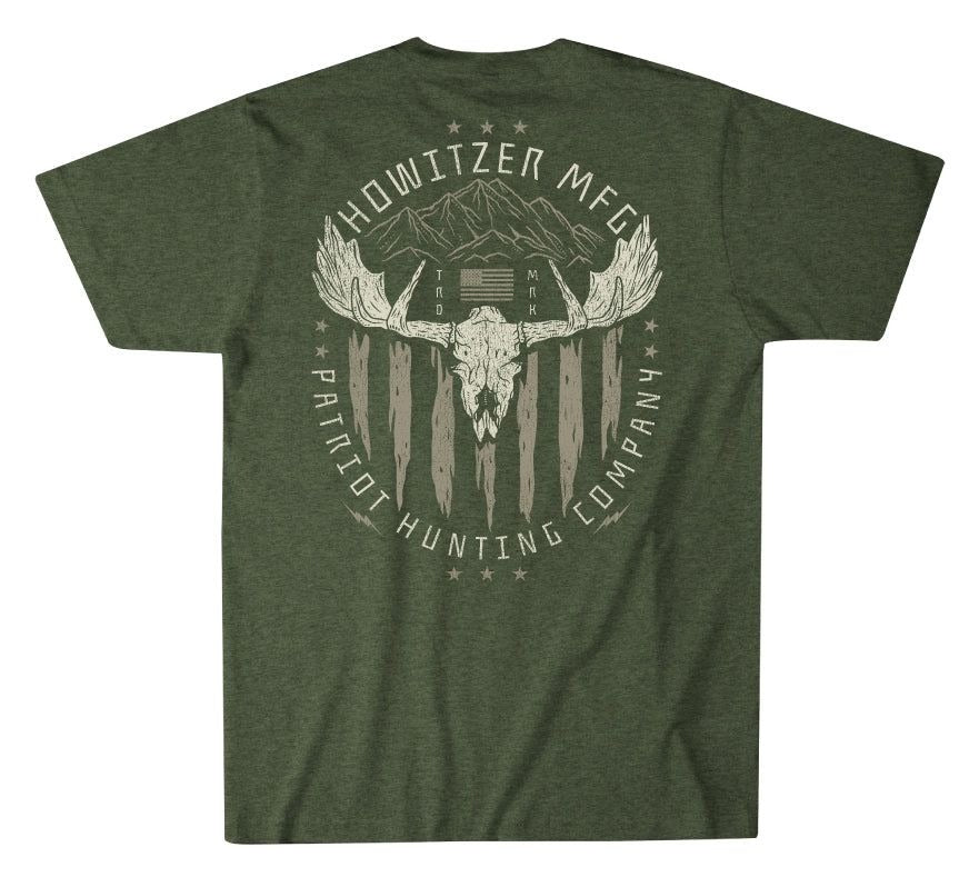 Patriot Moose Hunting T-Shirt for Men - Howitzer MFG Skull Graphic Tee - USA Flag Outdoor Lifestyle Gift for Hunters & Veterans