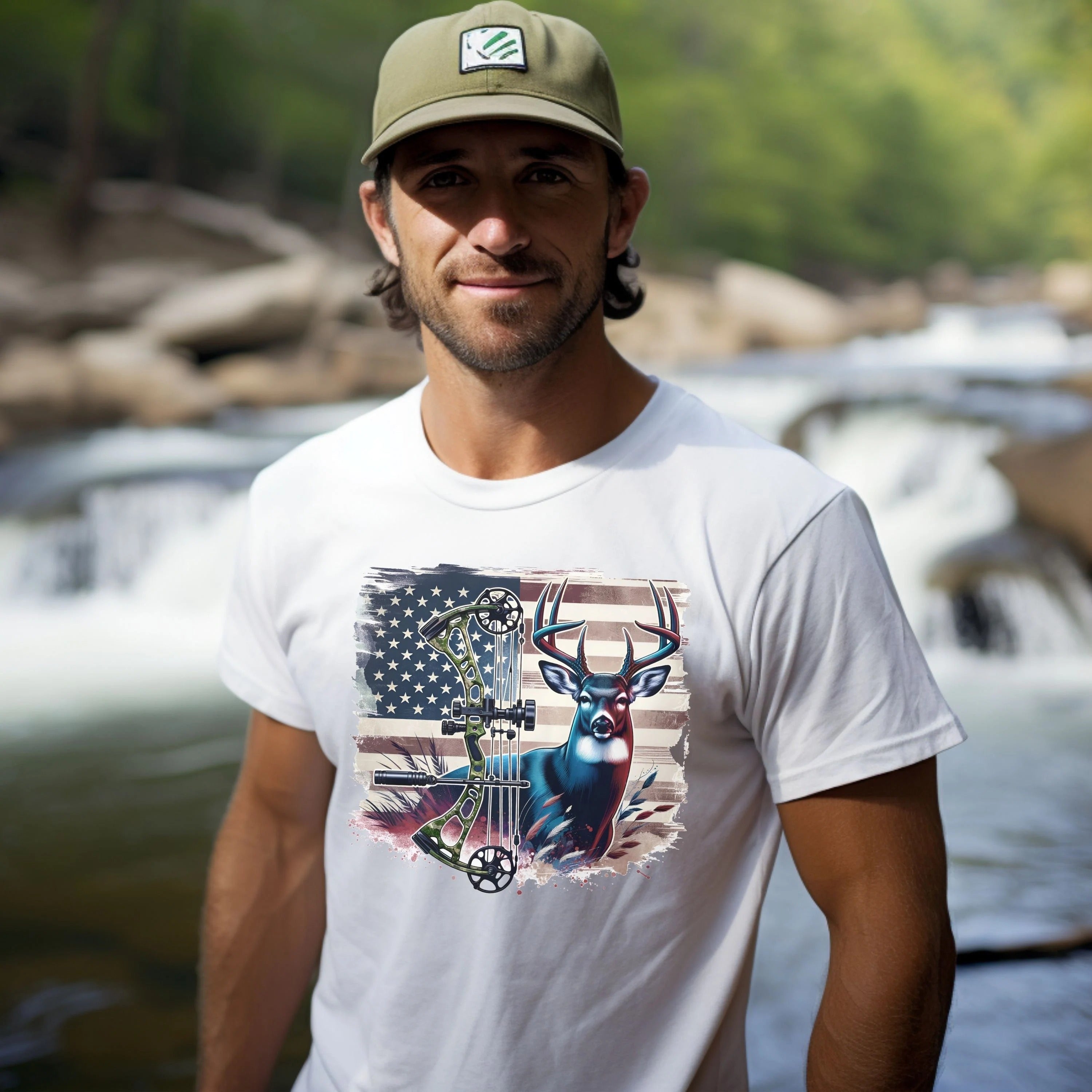 Archery Deer Hunting T-Shirt for Men - American Flag Bowhunter Graphic Tee - Patriotic Gift for Outdoorsman & Dad Hunters