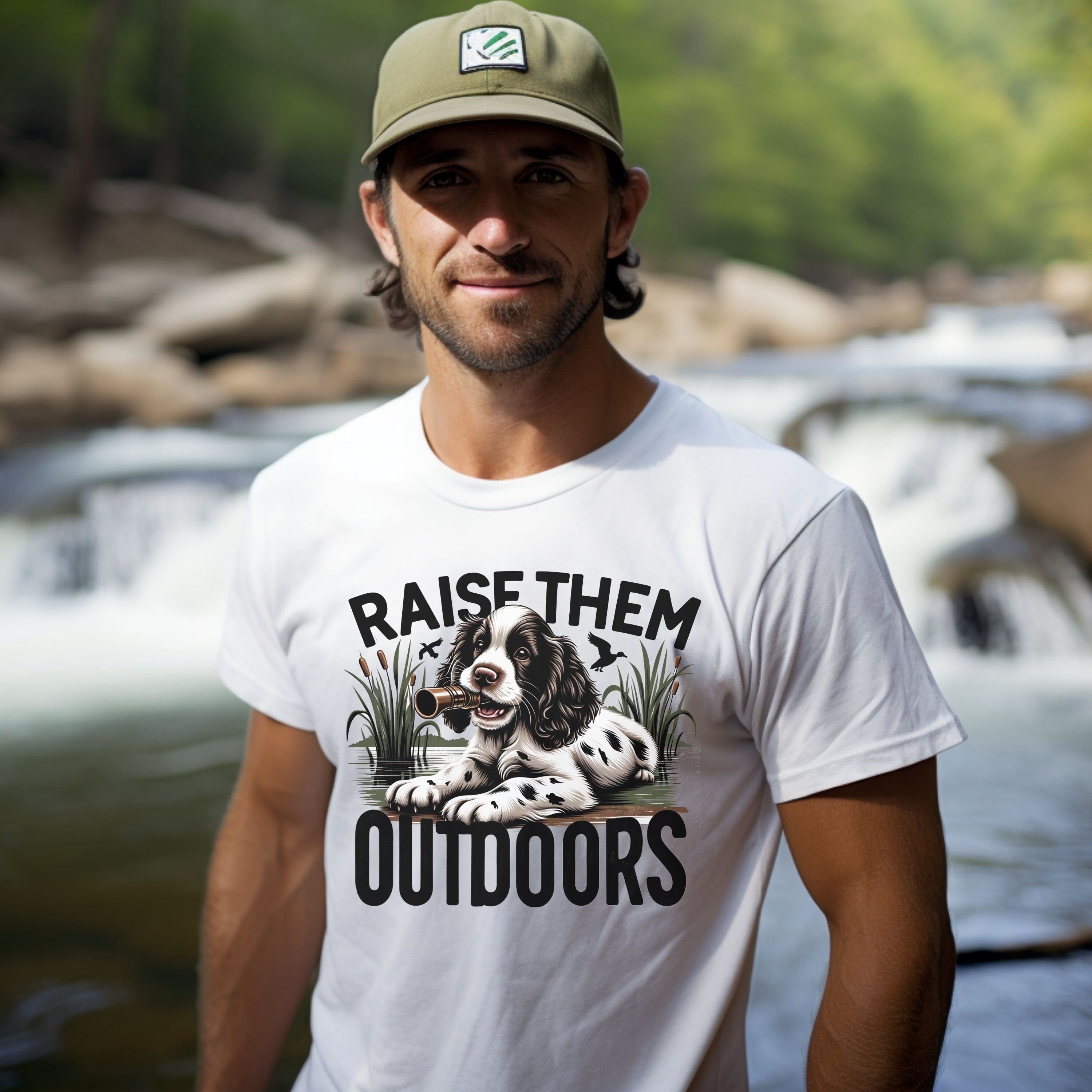 Hunting Dog T-Shirt - Raise Them Outdoors Shirt – Hunting Dog with Duck Call Graphic Tee – Gift for Outdoorsy Moms, Dads, and Hunters