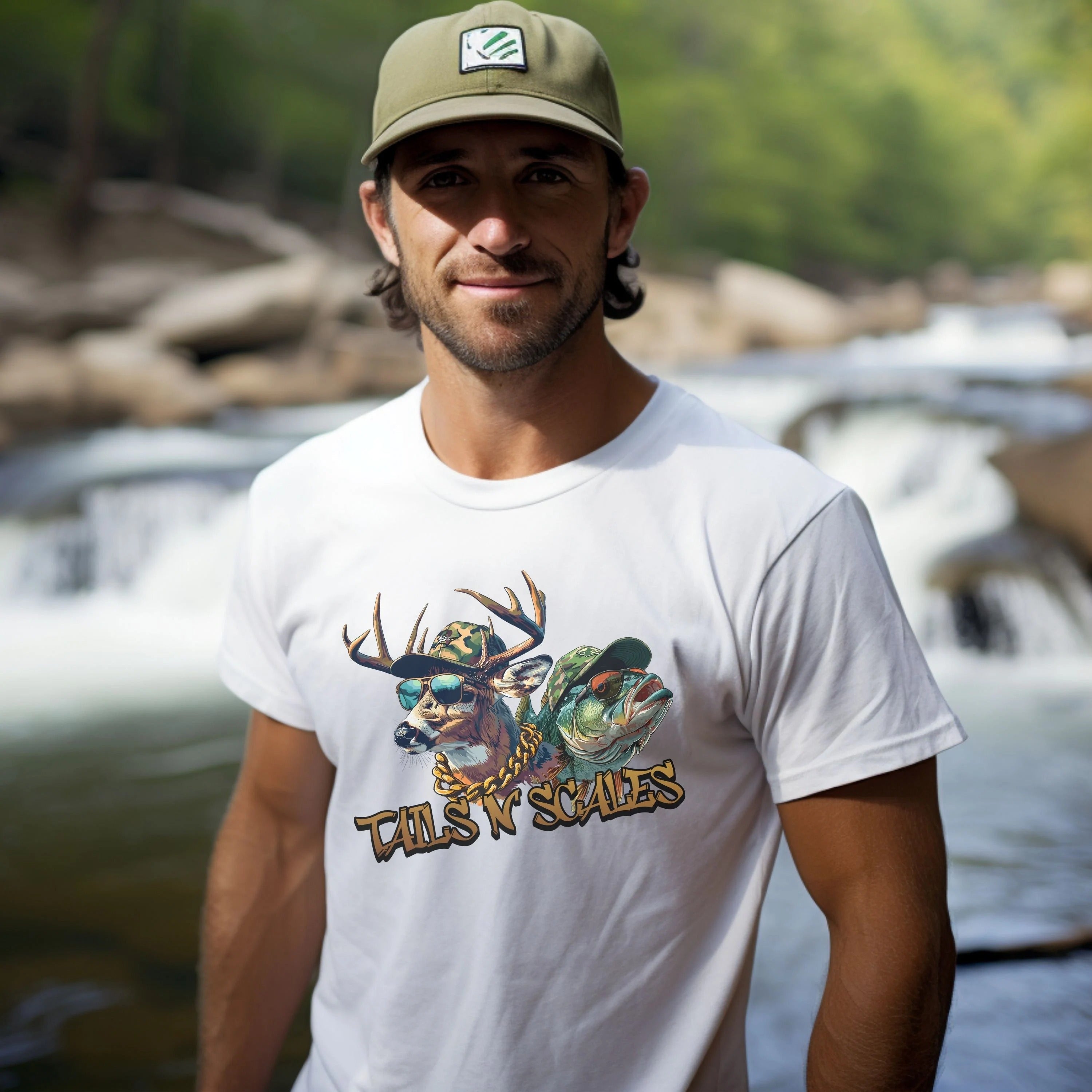 Tails ‘N’ Scales Shirt – Funny Deer and Bass Camo Graphic Tee – Gift for Men Who Hunt and Fish Outdoors