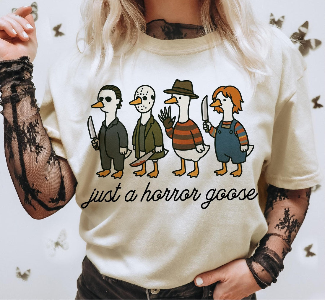 Just a Horror Goose T-Shirt, Funny Horror Goose Halloween Sweatshirt, Cute Scary Goose Silly Shirt