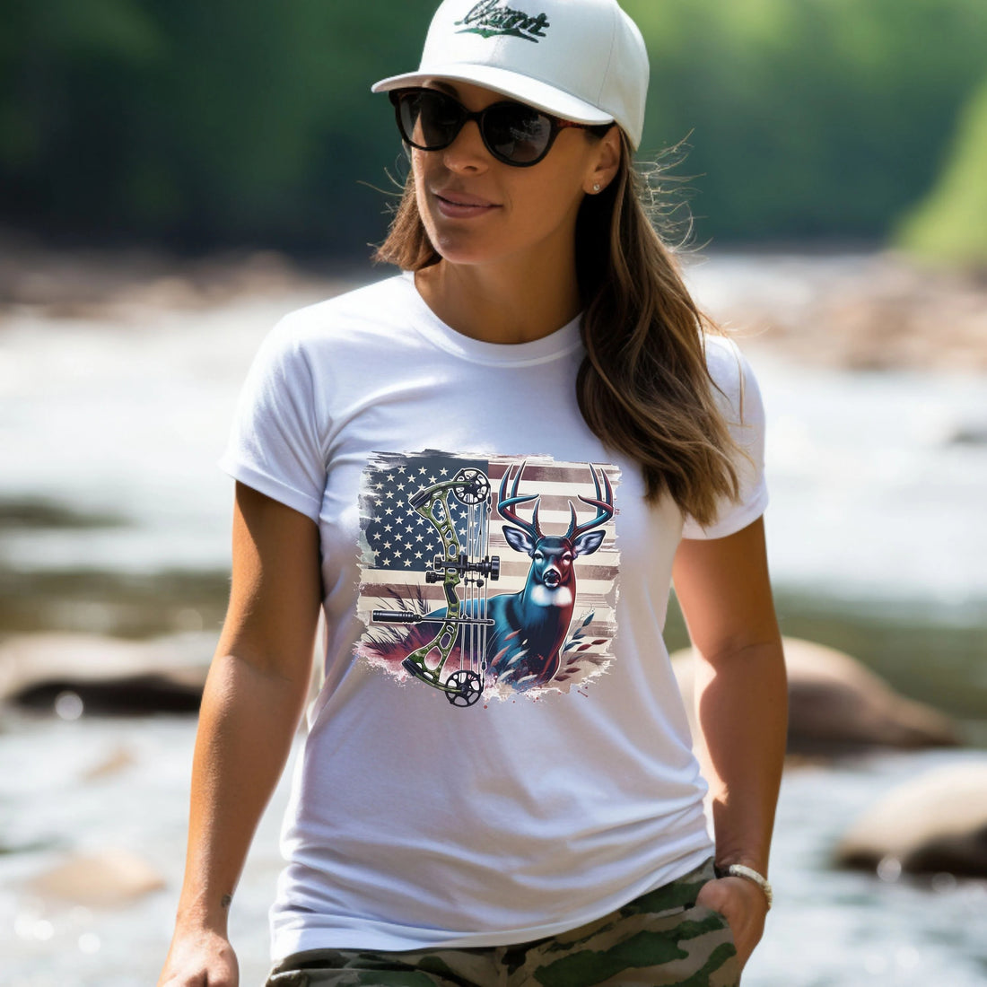 Archery Deer Hunting T-Shirt for Men - American Flag Bowhunter Graphic Tee - Patriotic Gift for Outdoorsman & Dad Hunters