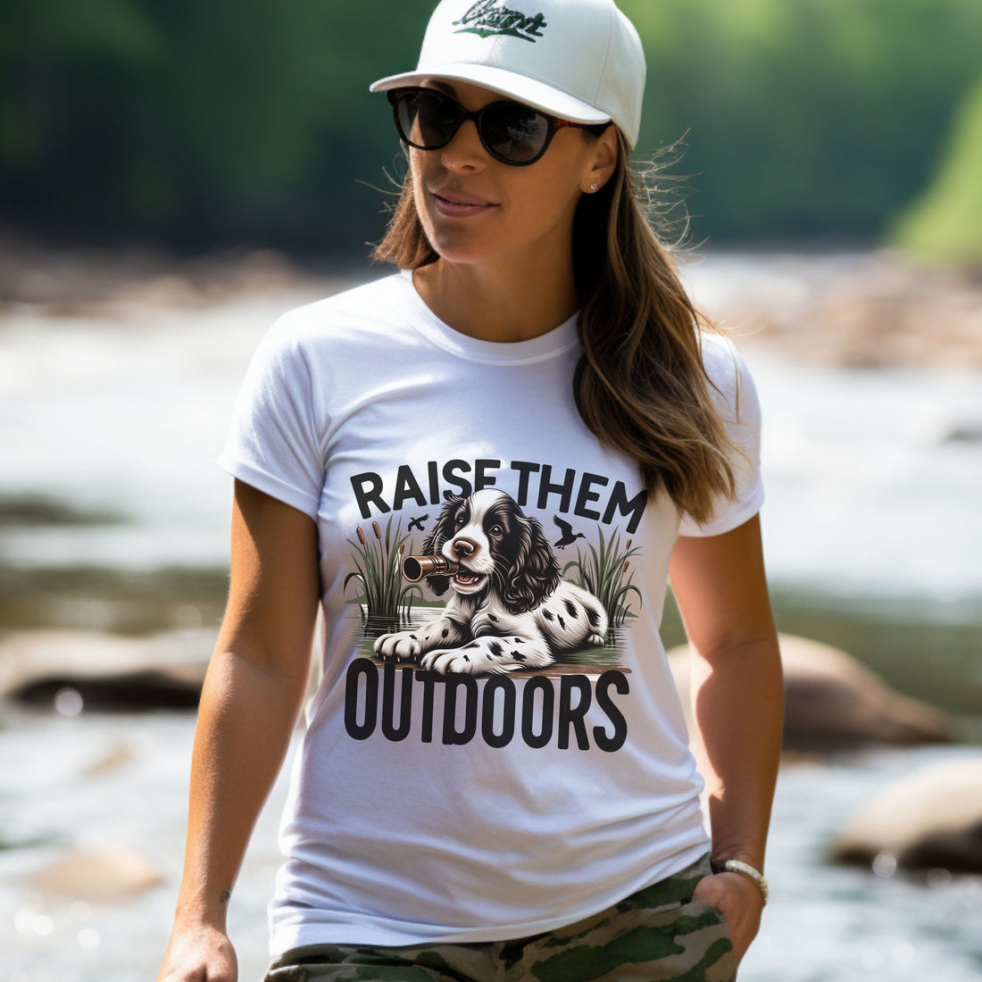 Hunting Dog T-Shirt - Raise Them Outdoors Shirt – Hunting Dog with Duck Call Graphic Tee – Gift for Outdoorsy Moms, Dads, and Hunters
