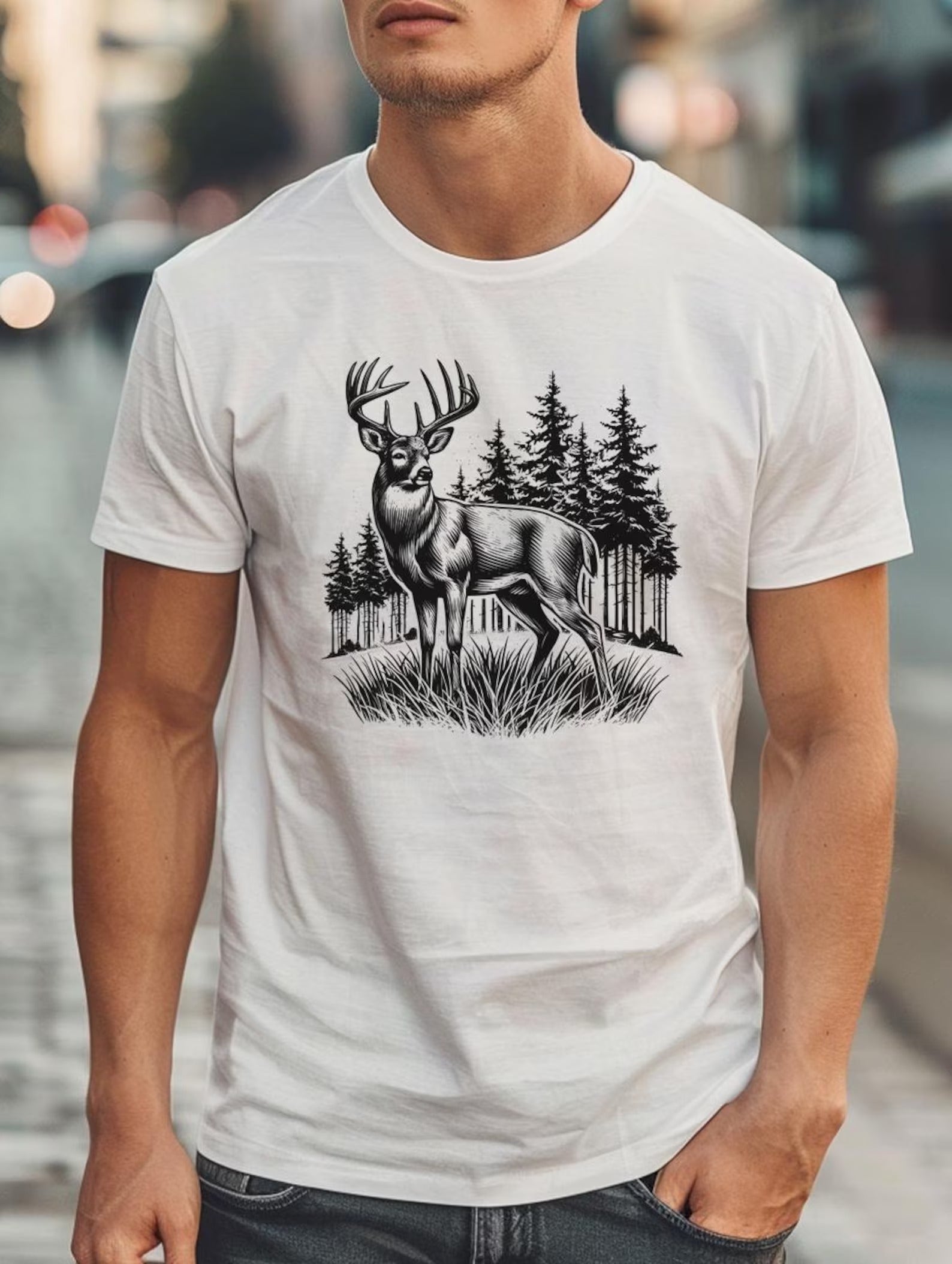 Big Buck Deer Hunting T-Shirt – Deer Hunter Tee for Men – Retro Wilderness Graphic T-Shirt for Outdoorsman Gift