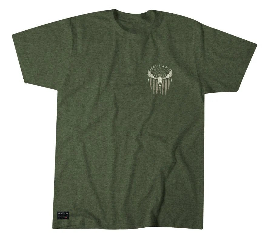Patriot Moose Hunting T-Shirt for Men - Howitzer MFG Skull Graphic Tee - USA Flag Outdoor Lifestyle Gift for Hunters & Veterans