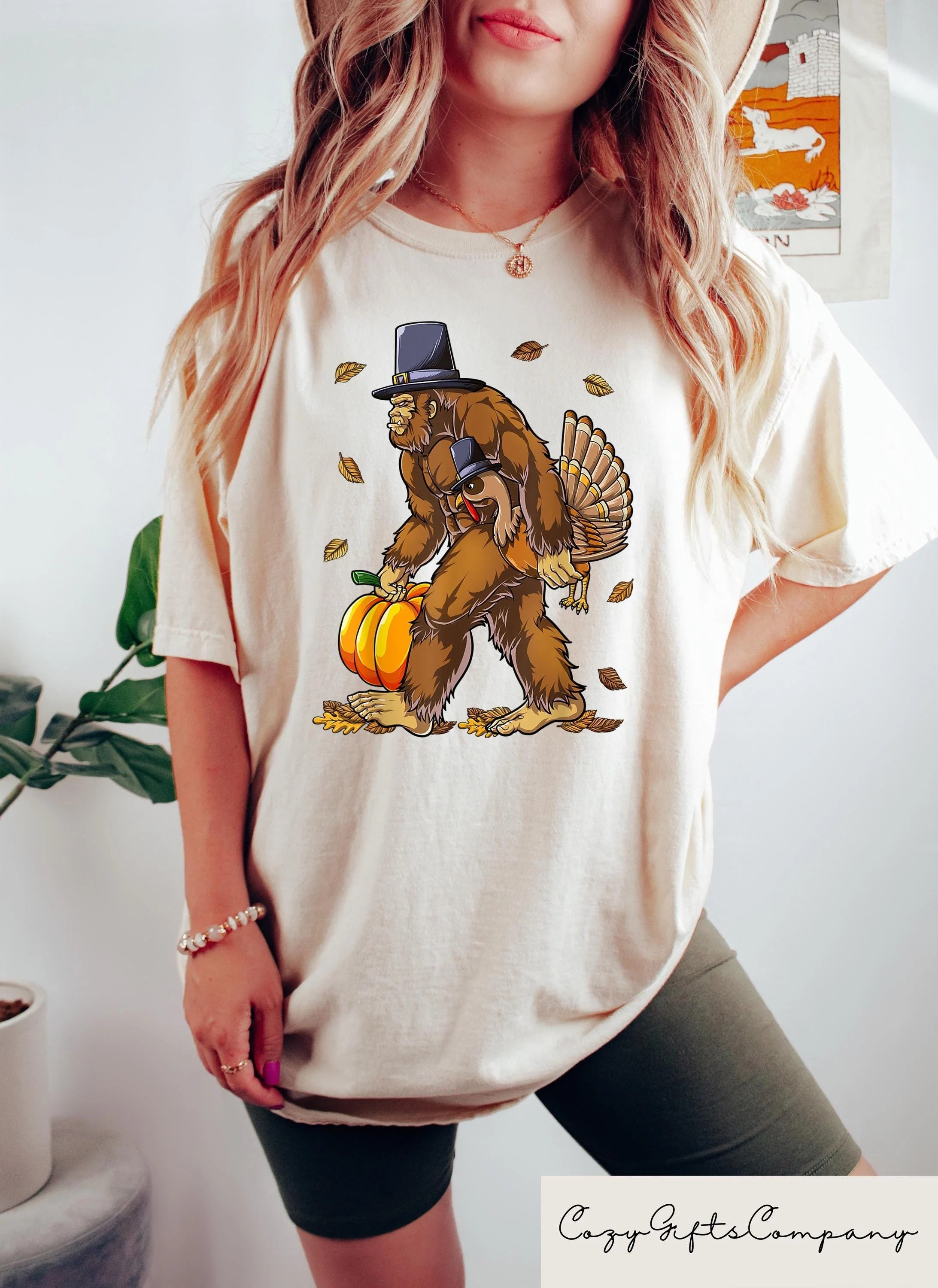Funny Bigfoot Turkey Thanksgiving Shirt - Pilgrim Sasquatch with Gobbler Tee - Fall Holiday Gift for Women & Men