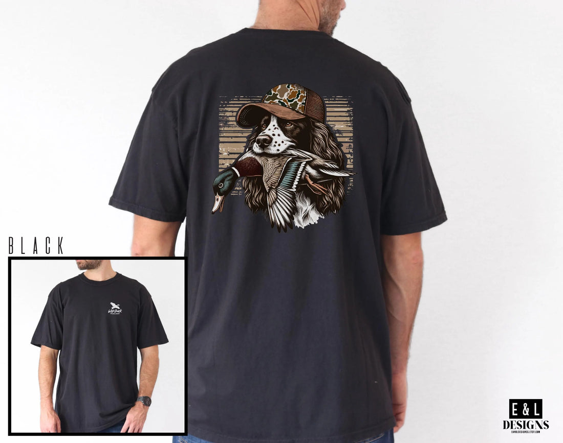 Duck Hunting Dog Shirt for Men - Spaniel with Mallard Graphic Tee - Waterfowl Hunting Gift for Outdoorsmen & Dad Hunters