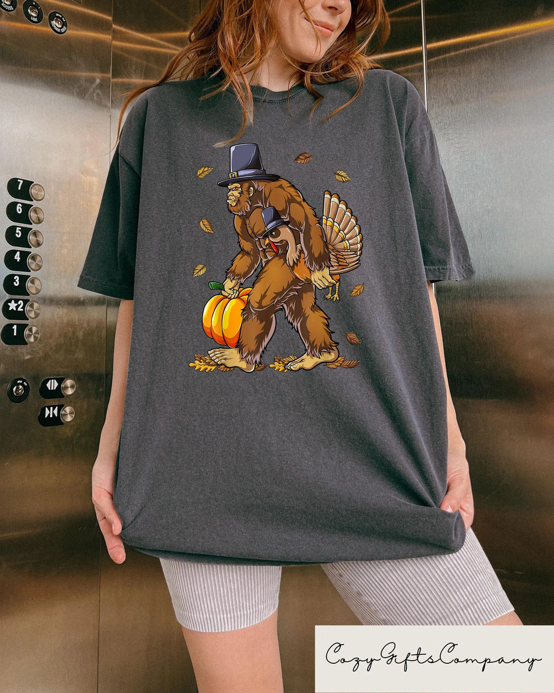 Funny Bigfoot Turkey Thanksgiving Shirt - Pilgrim Sasquatch with Gobbler Tee - Fall Holiday Gift for Women & Men