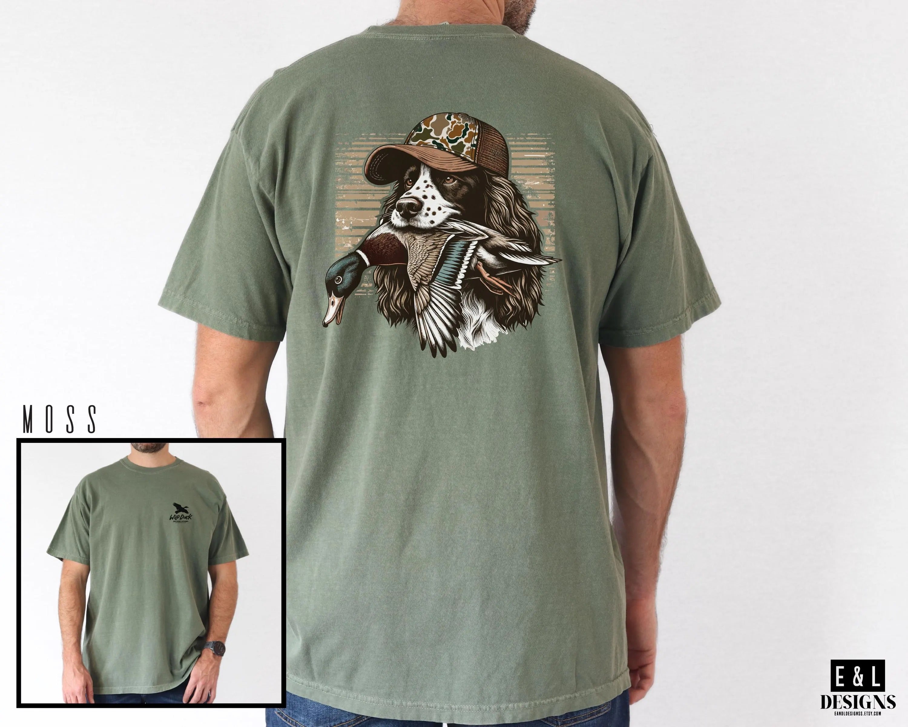 Duck Hunting Dog Shirt for Men - Spaniel with Mallard Graphic Tee - Waterfowl Hunting Gift for Outdoorsmen & Dad Hunters