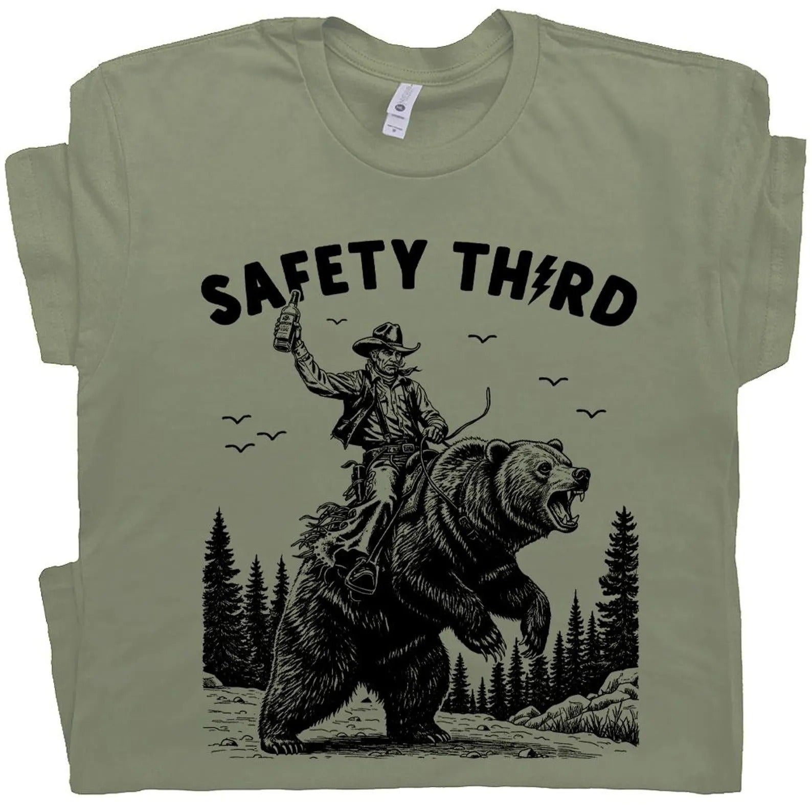 Safety Third Cowboy Riding Bear T-Shirt – Funny Redneck Hunting Tee for Men