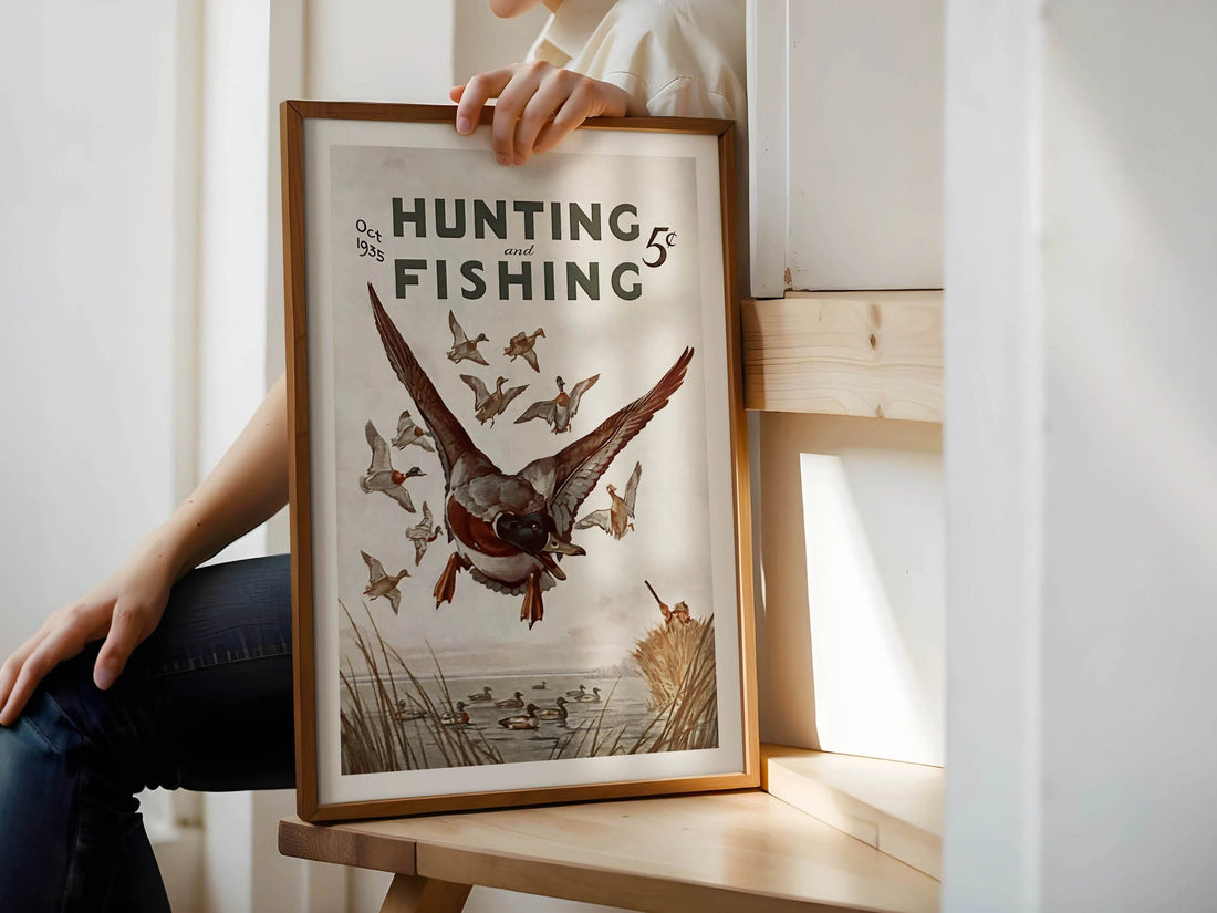 Hunting and Fishing Art Print Vintage Fishing Canvas - Hunting Gift for Dad Retro Fisherman Wall Art Outdoorsy Wall Decor Geese Artwork