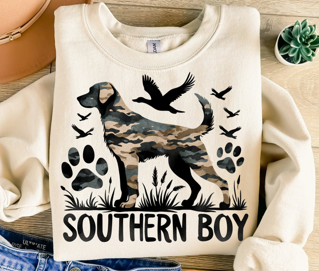 Southern Boy Hunting Dog Shirt Camo Lab Retriever Duck Hunter Tee Gift for Boys Men Who Hunt
