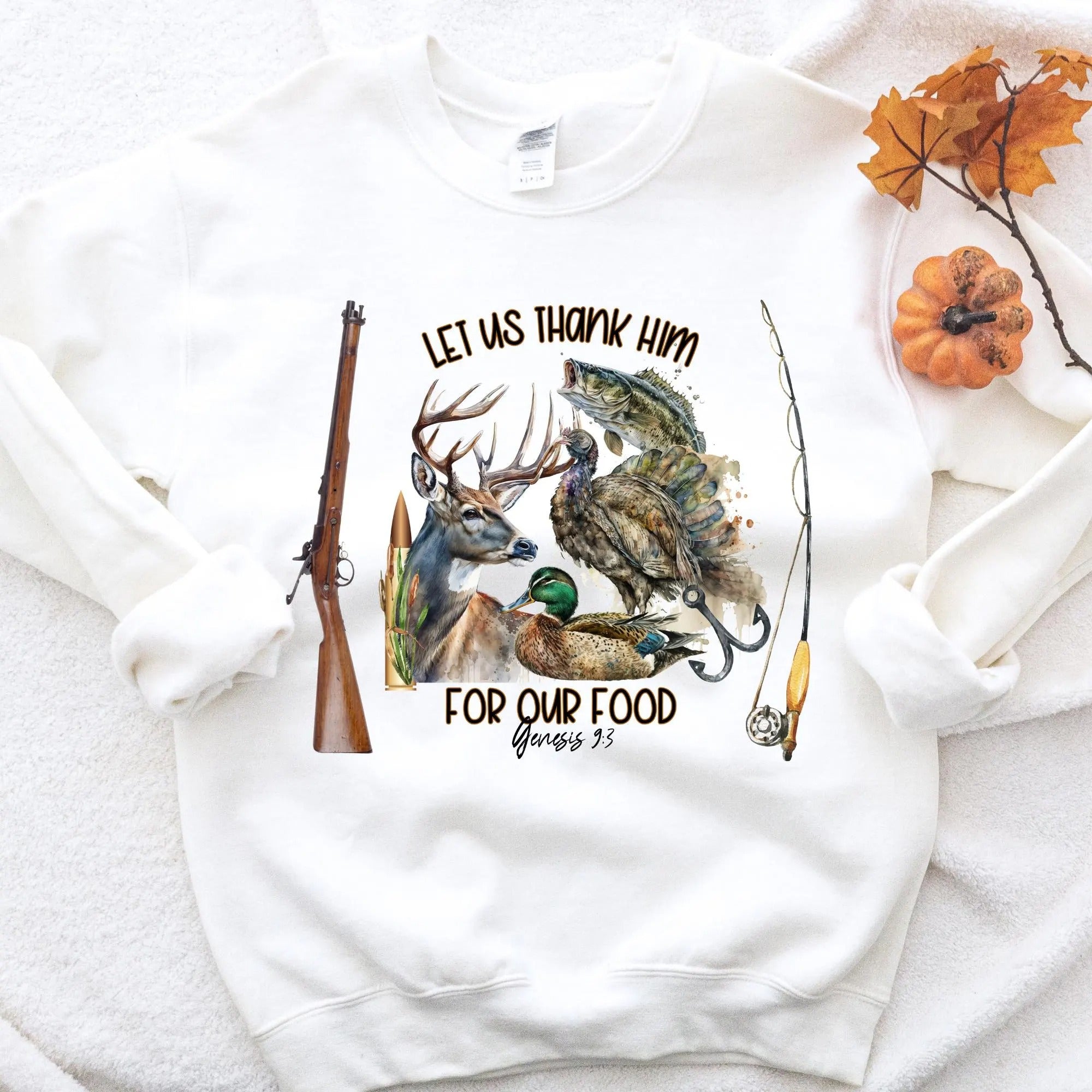 Let Us Thank Him Hunting Shirt for Men – Deer Duck Fish Turkey Graphic Tee – Faith Gift for Christian Hunters