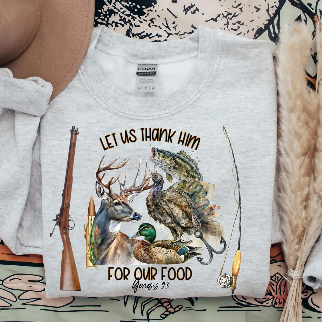 Let Us Thank Him Hunting Shirt for Men – Deer Duck Fish Turkey Graphic Tee – Faith Gift for Christian Hunters