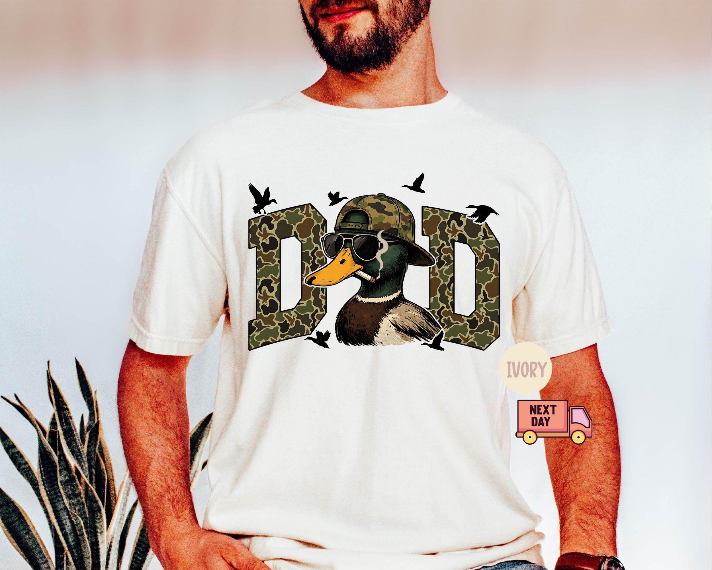 Funny Duck Hunting Dad Shirt – Mallard with Camo Hat Graphic Tee – Gift for Outdoorsman Father Who Loves Hunting