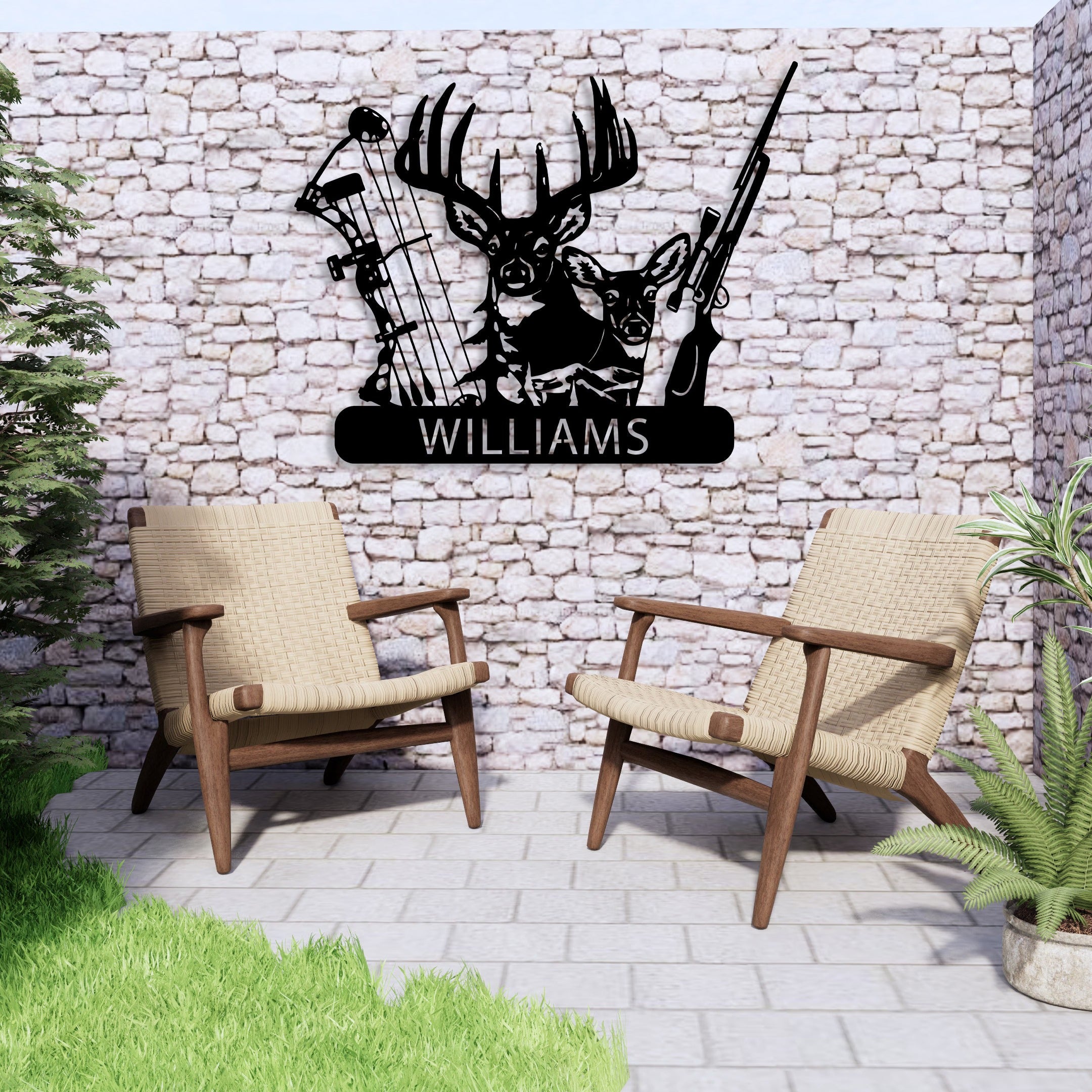 Personalized Deer Hunter Metal Wall Art, Custom Name Bow and Hunting Rifle Sign, Deer Hunting Wall Hanging, Hunter Gift