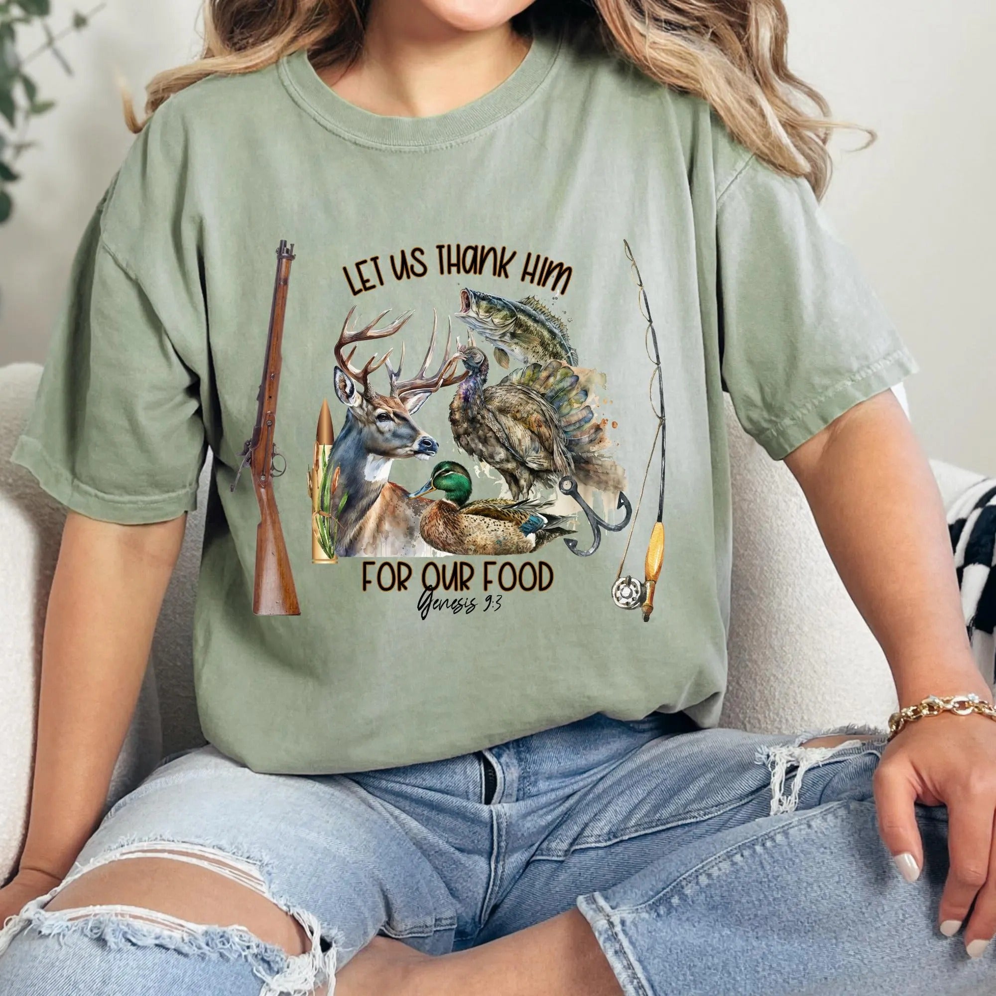 Let Us Thank Him Hunting Shirt for Men – Deer Duck Fish Turkey Graphic Tee – Faith Gift for Christian Hunters