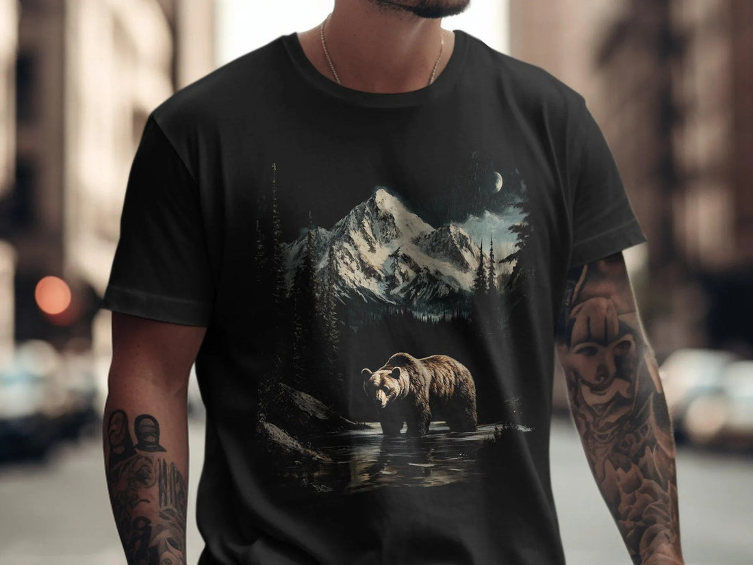 Vintage Bear Mountain T-Shirt for Men - Wilderness Grizzly Graphic Nature Tee - Gift for Dad Hunters & Outdoorsmen