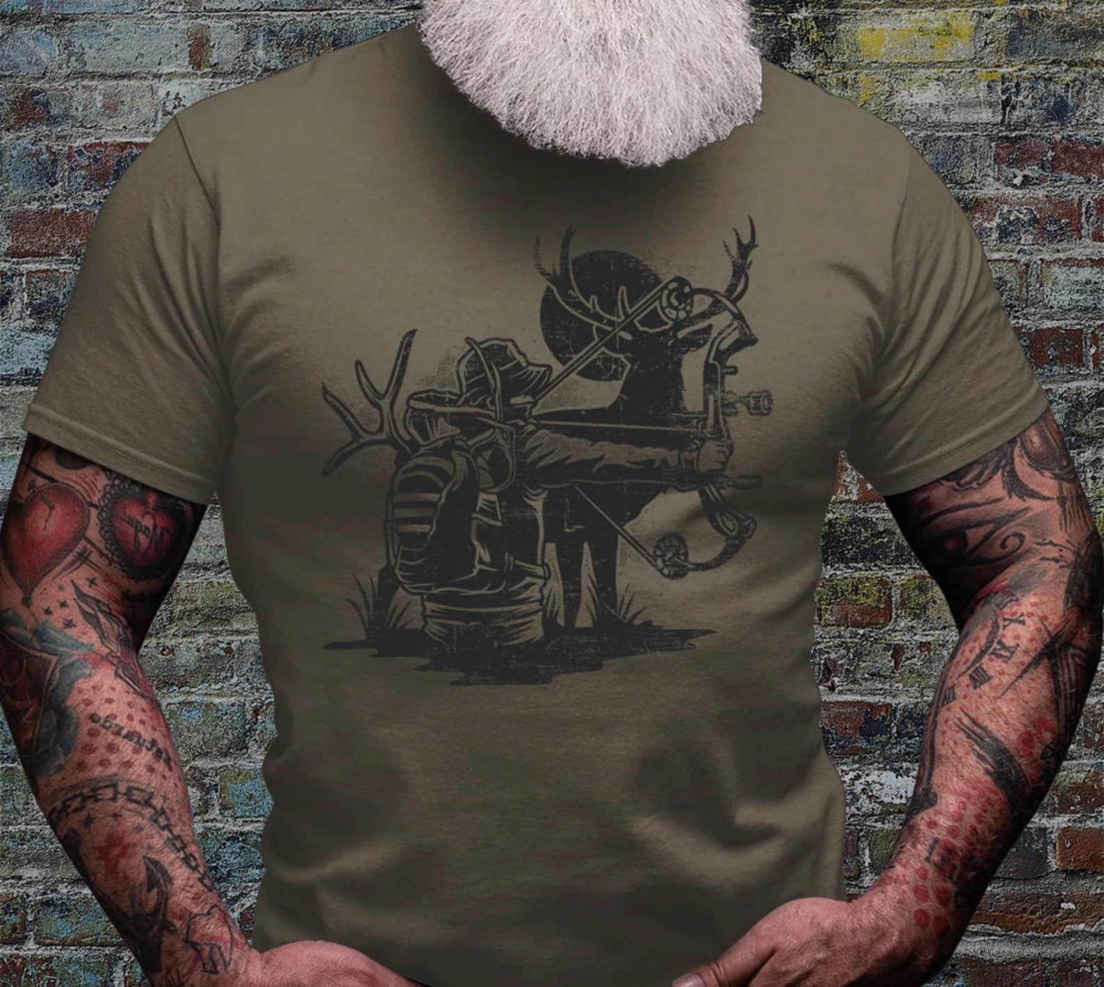 Bowhunting Deer Hunting T-Shirt for Men - Bowhunter with Antlers Graphic Tee - Rustic Gift for Archers, Dad Hunters & Outdoorsmen