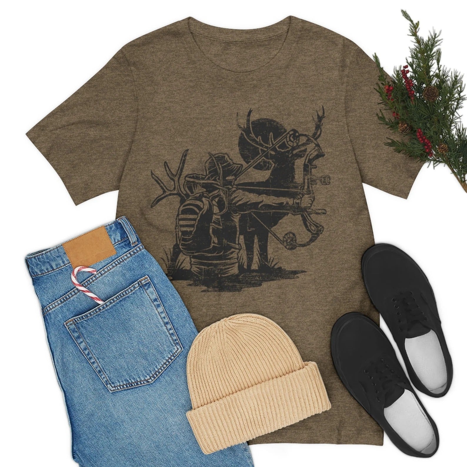 Bowhunting Deer Hunting T-Shirt for Men - Bowhunter with Antlers Graphic Tee - Rustic Gift for Archers, Dad Hunters & Outdoorsmen
