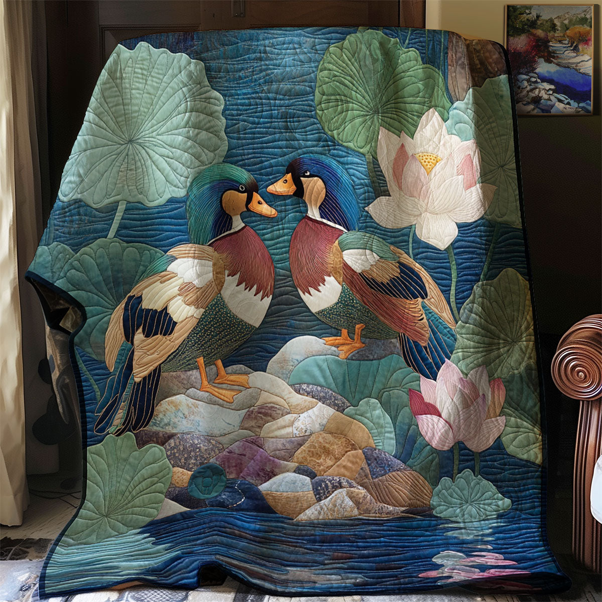 Lotus Mandarin Duck Quiet Moments Quilt Blanket