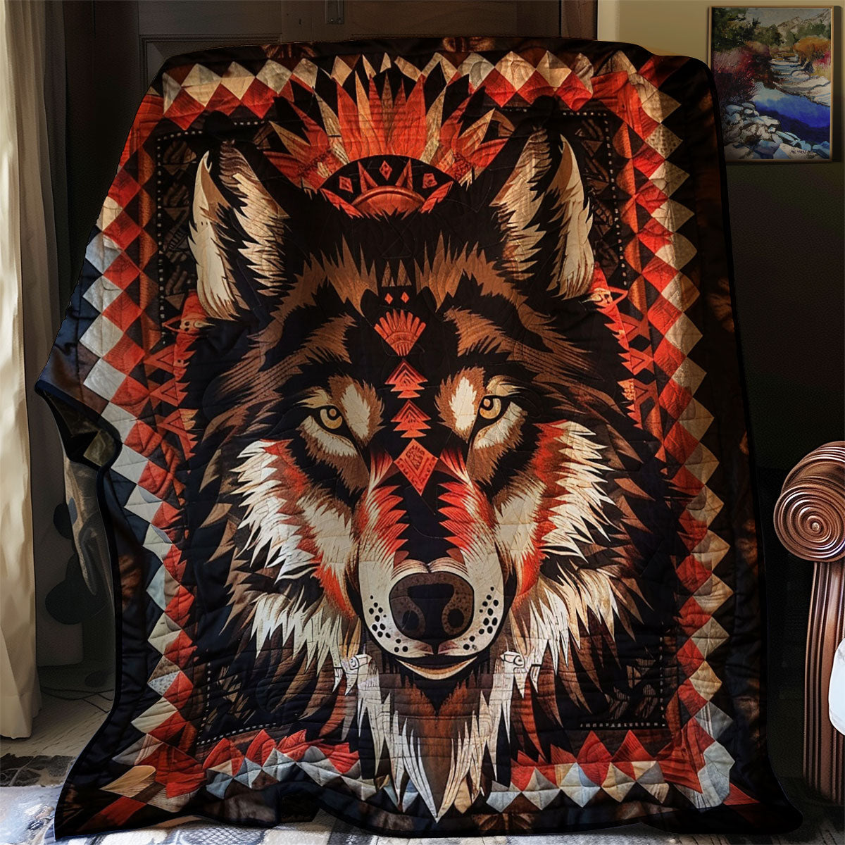 Wolf Native American Golden Hour Quilt Blanket