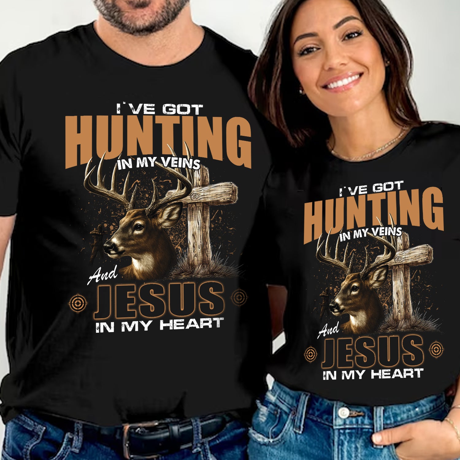 I've Got Hunting In My Veins And Jesus In My Heart T-Shirt - Deer and Cross Graphic Shirt for Hunters
