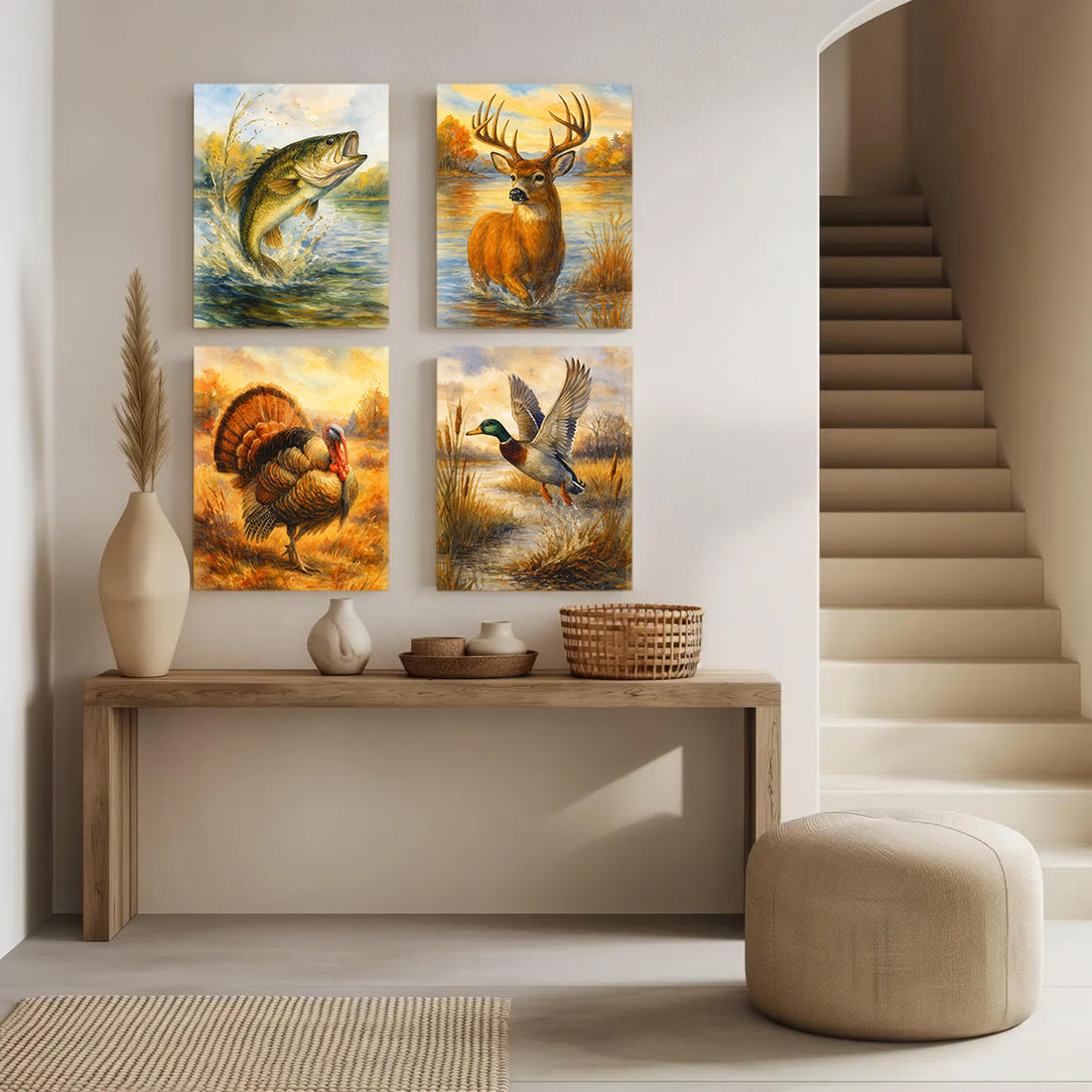 Set of 4 Hunting & Wildlife Canvas Wall Art – Bass, Deer, Turkey & Mallard – Rustic Cabin Lodge Décor