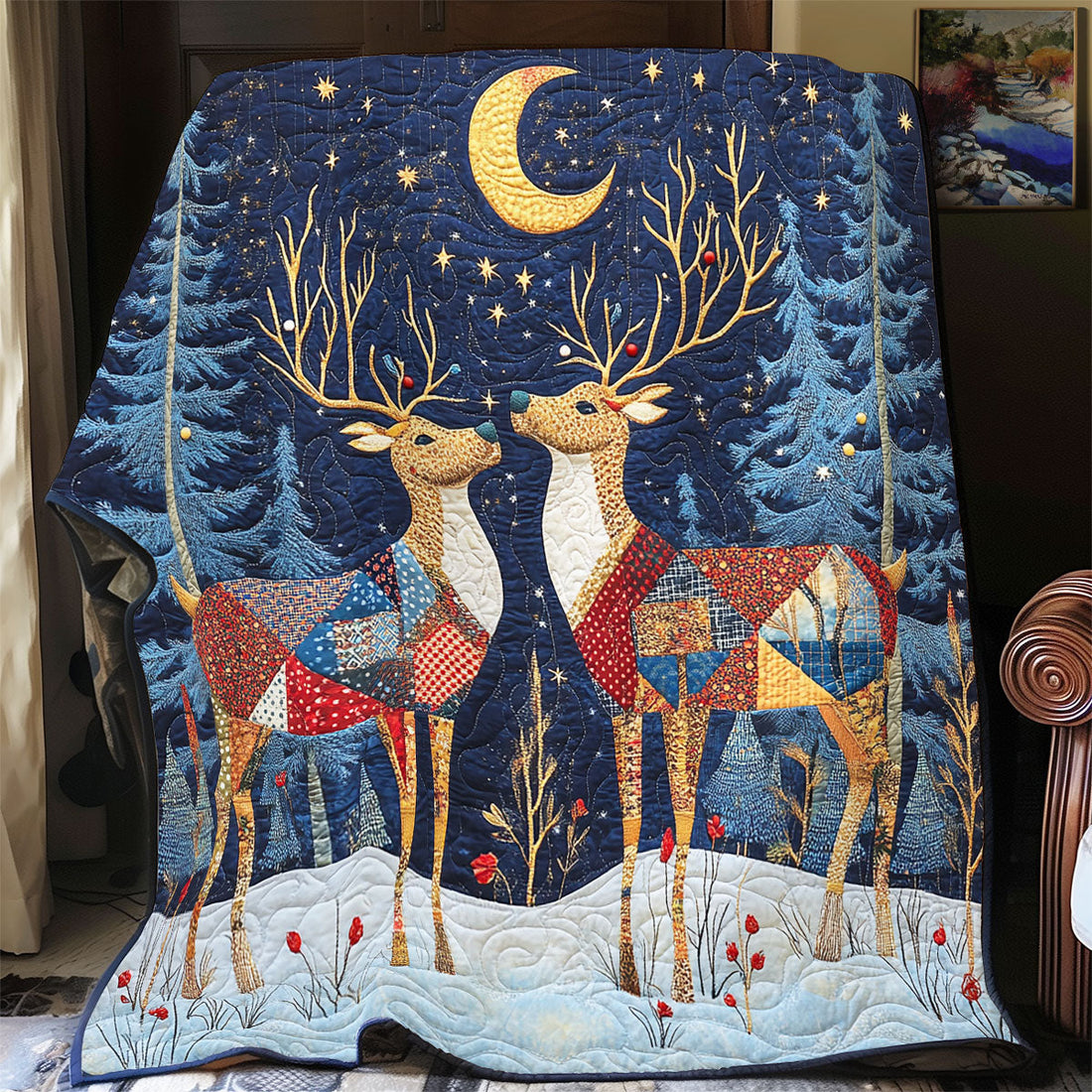 Deer Mystical Night Quilt Blanket