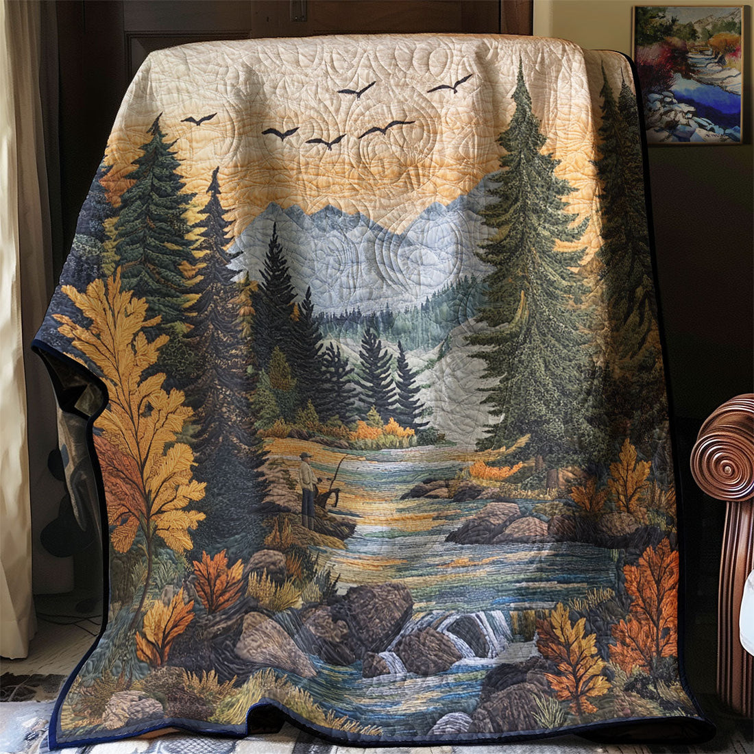 Fishing Casting Into The Mist Rustic Charm Quilt Blanket