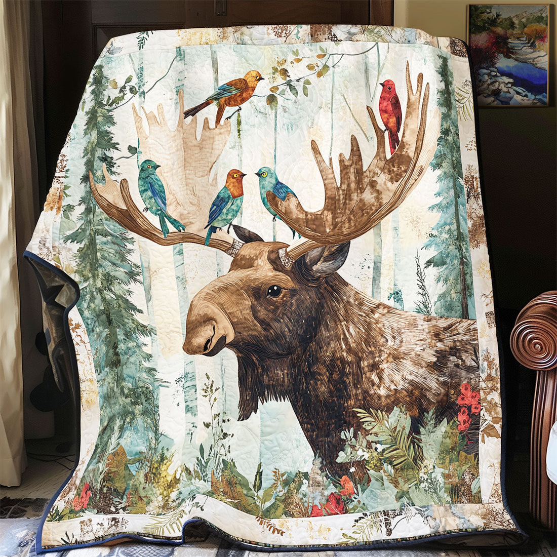 Moose With Birds Quilt Blanket