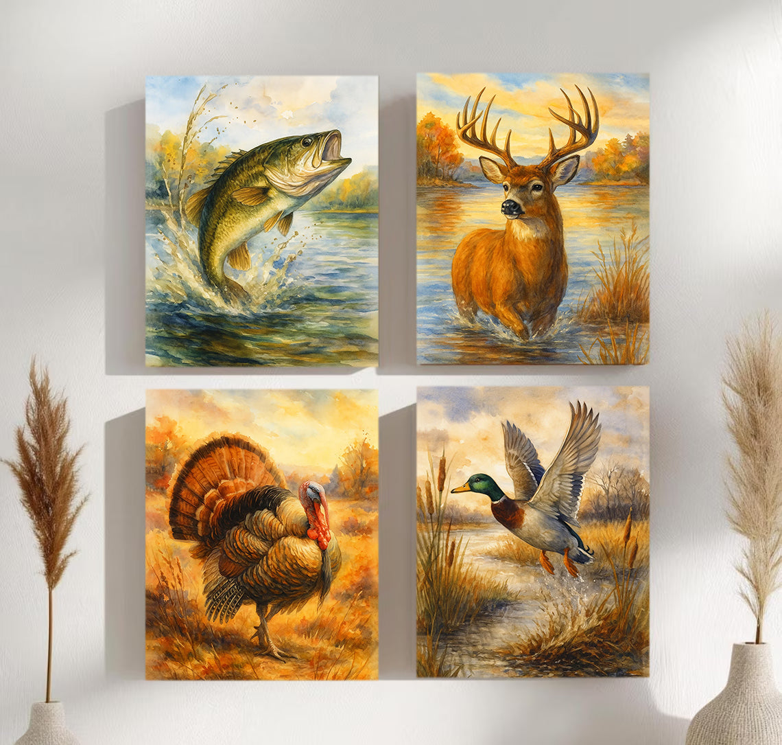 Set of 4 Hunting & Wildlife Canvas Wall Art – Bass, Deer, Turkey & Mallard – Rustic Cabin Lodge Décor