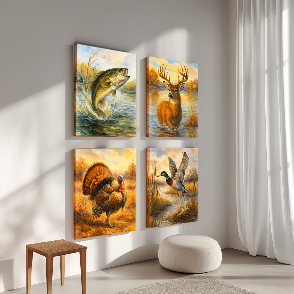 Set of 4 Hunting & Wildlife Canvas Wall Art – Bass, Deer, Turkey & Mallard – Rustic Cabin Lodge Décor