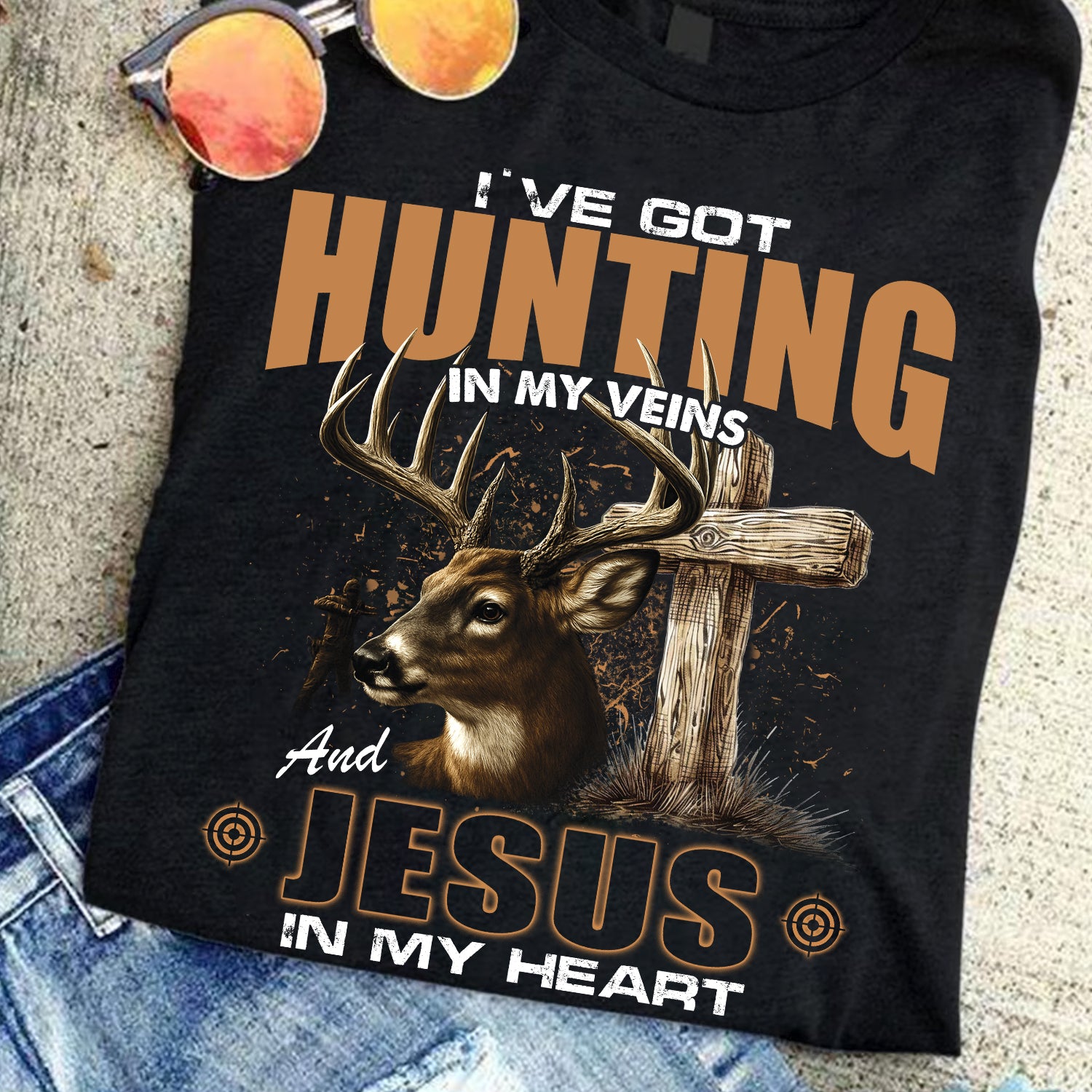 I've Got Hunting In My Veins And Jesus In My Heart T-Shirt - Deer and Cross Graphic Shirt for Hunters