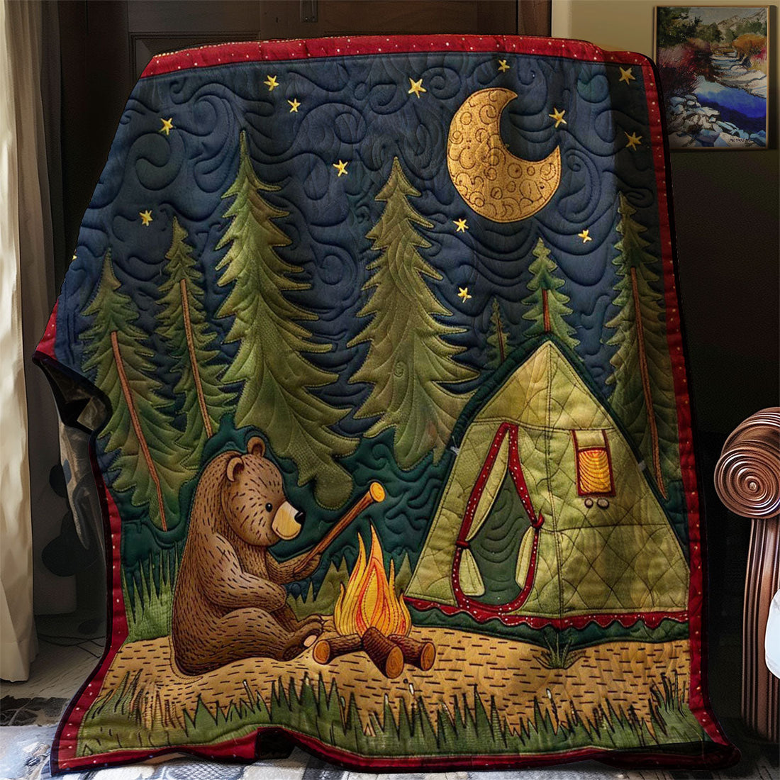 Camping Bear Rustic Charm Quilt Blanket