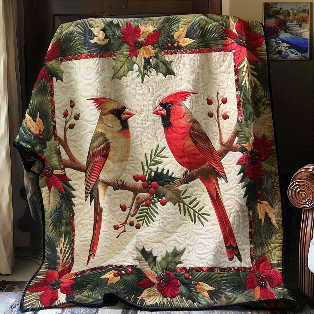 Christmas Cardinal Silent Night Quilt Blanket