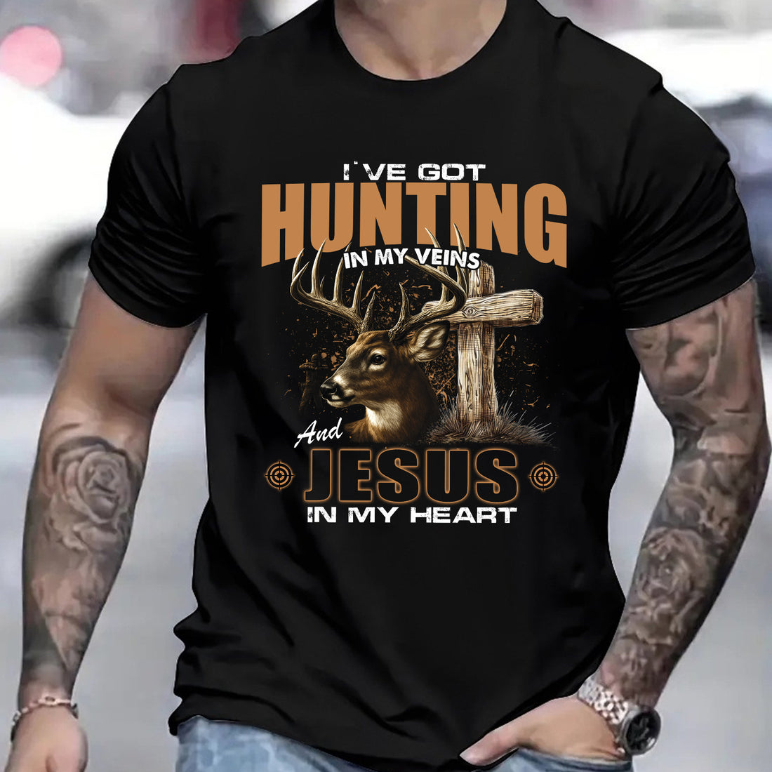 I've Got Hunting In My Veins And Jesus In My Heart T-Shirt - Deer and Cross Graphic Shirt for Hunters